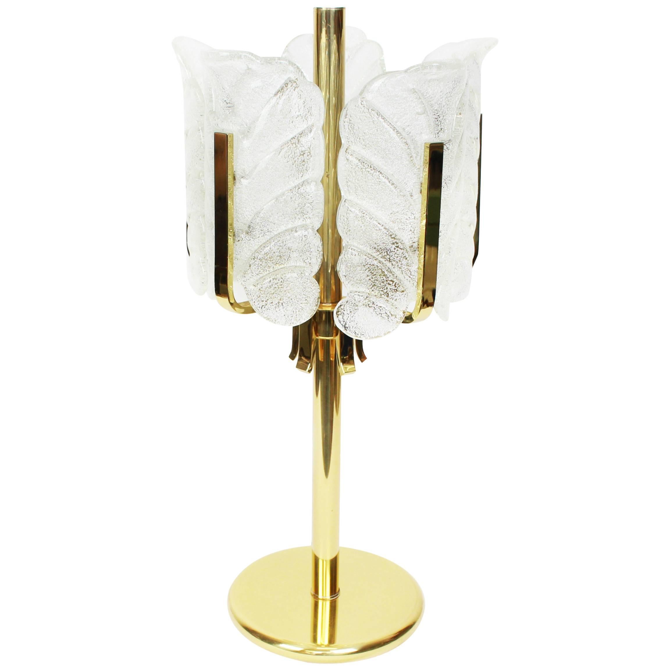 Brass 1 of 2 Rare Carl Fagerlund for Orrefors Table Lamp, Murano Glass Leaves, 1960s For Sale