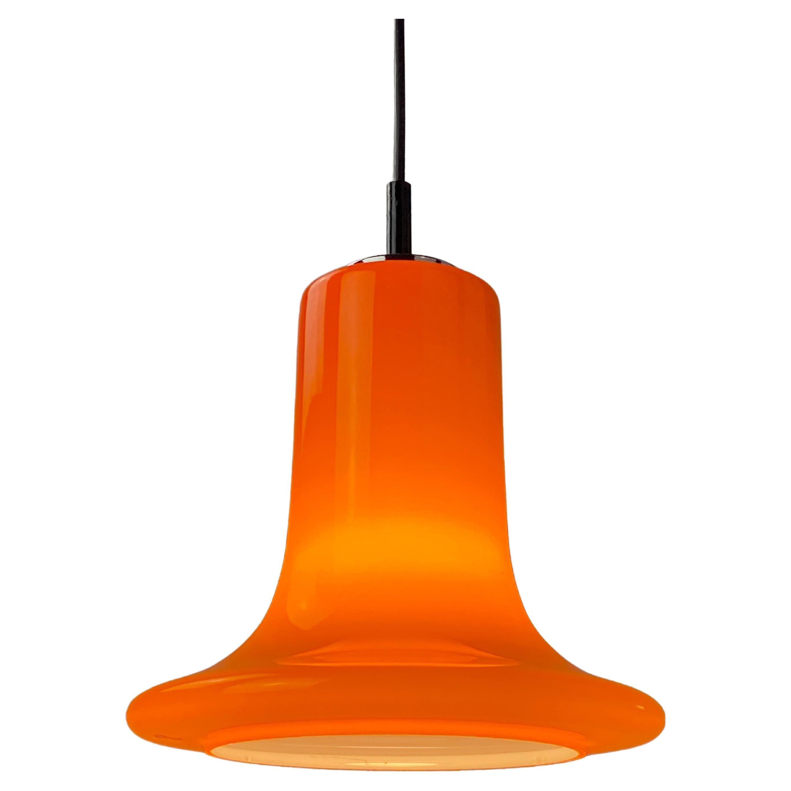 1 of 2 Rare orange trumpet shaped glass pendant light by Peill and Putzler 1960