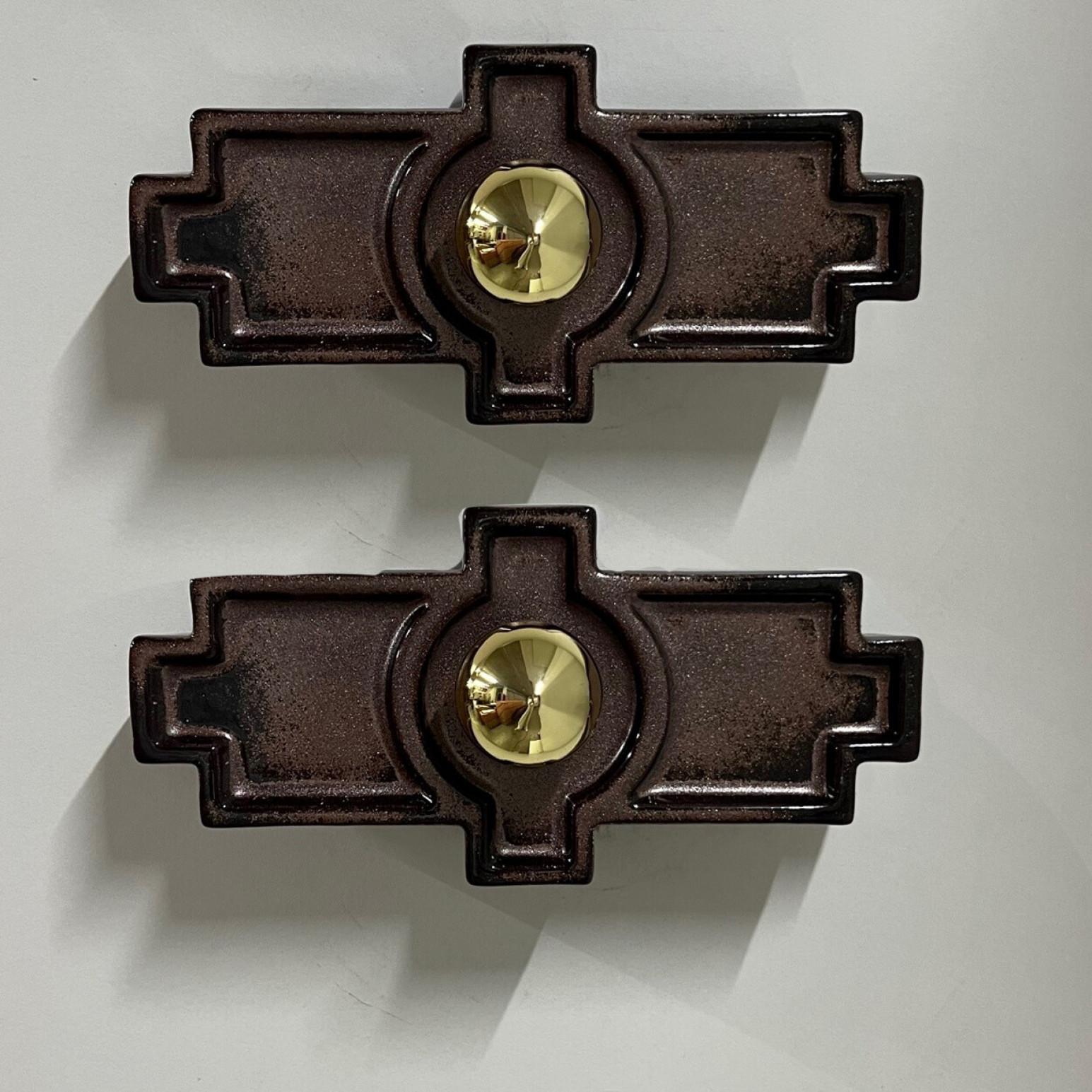 Space Age 1 of 2 Rectangular Brown Ceramic Wall Lights, keramik, Germany, 1970 For Sale