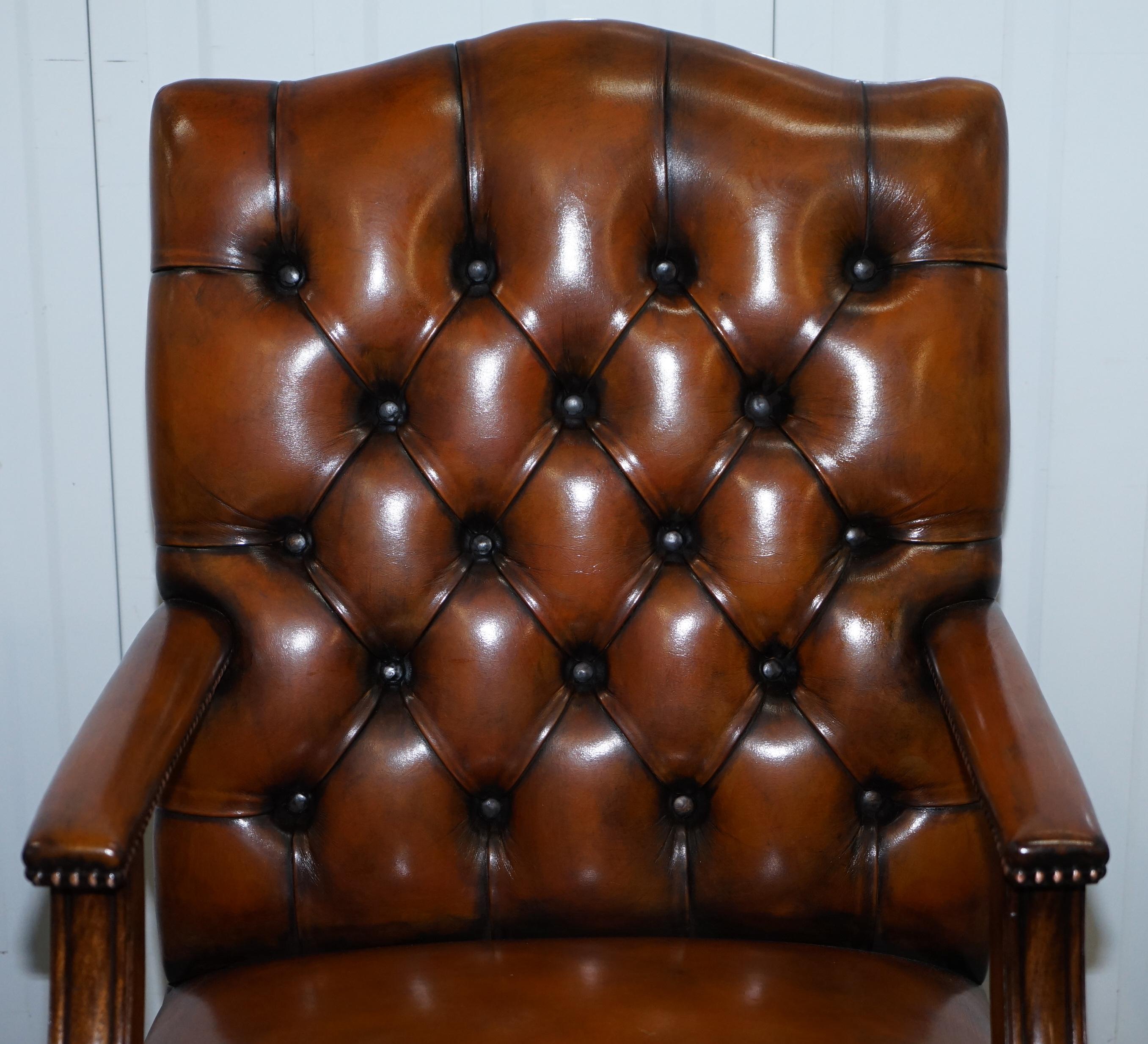 Mid-Century Modern 1 of 2 Restored Chesterfield Gainsborough Brown Leather Directors Captains Chair