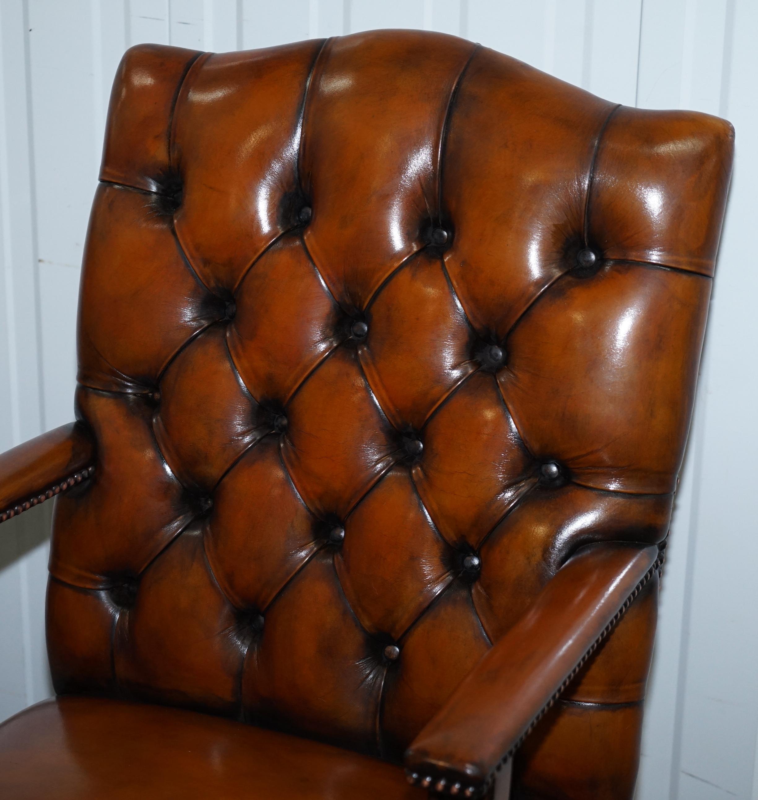 English 1 of 2 Restored Chesterfield Gainsborough Brown Leather Directors Captains Chair