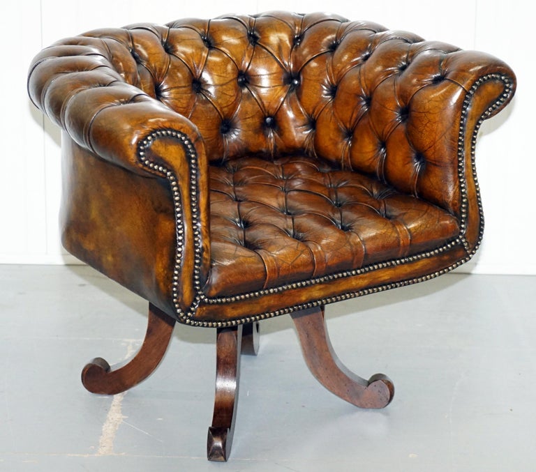 1 of 2 Restored Victorian Brown Leather Chesterfield Office Club Chairs