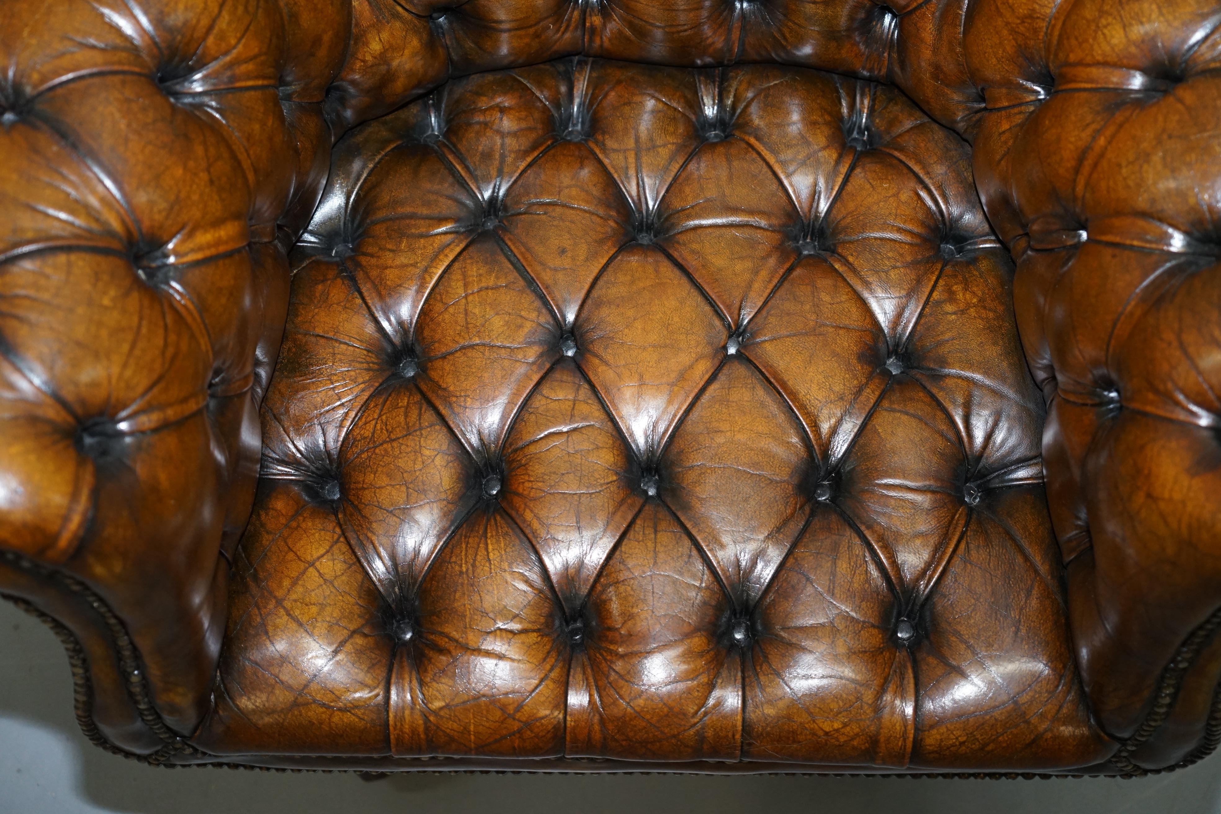 1 of 2 Restored Victorian Brown Leather Chesterfield Office Club Chairs Armchair 11