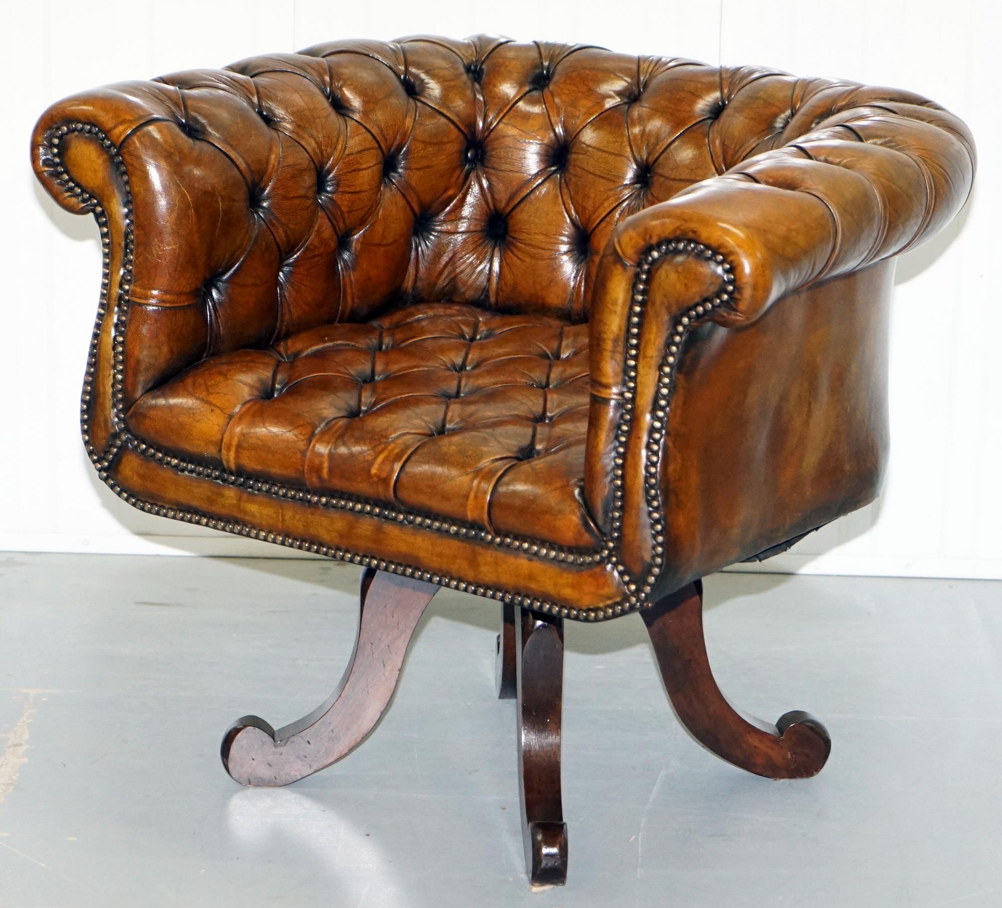 We are delighted to offer for sale 1 of 2 exceptional pair of fully restored period Victorian original Chesterfield club office chairs in Tobacco brown hand-dyed leather upholstery 

This auction is for one with the option to buy the