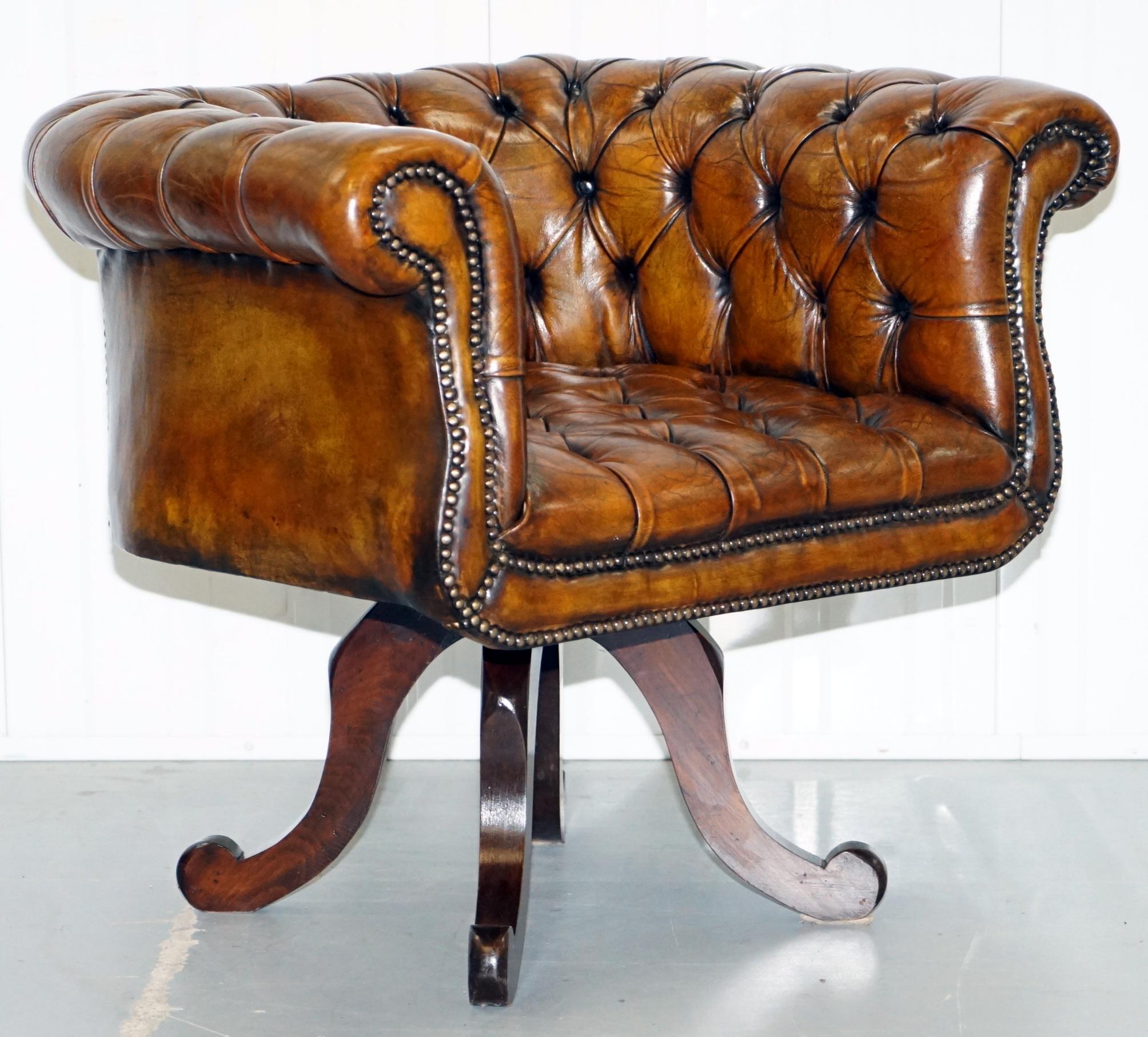 British 1 of 2 Restored Victorian Brown Leather Chesterfield Office Club Chairs Armchair