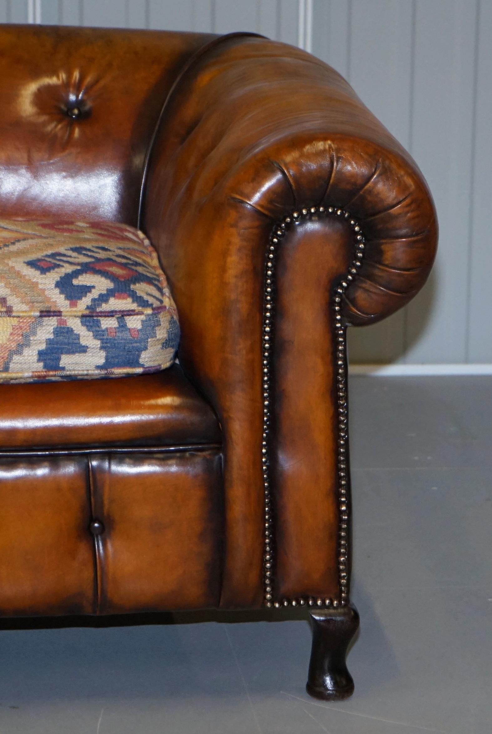 1 of 2 Restored Victorian Club Chesterfield Hand Dyed Leather Sofas Kilim Seat For Sale 5