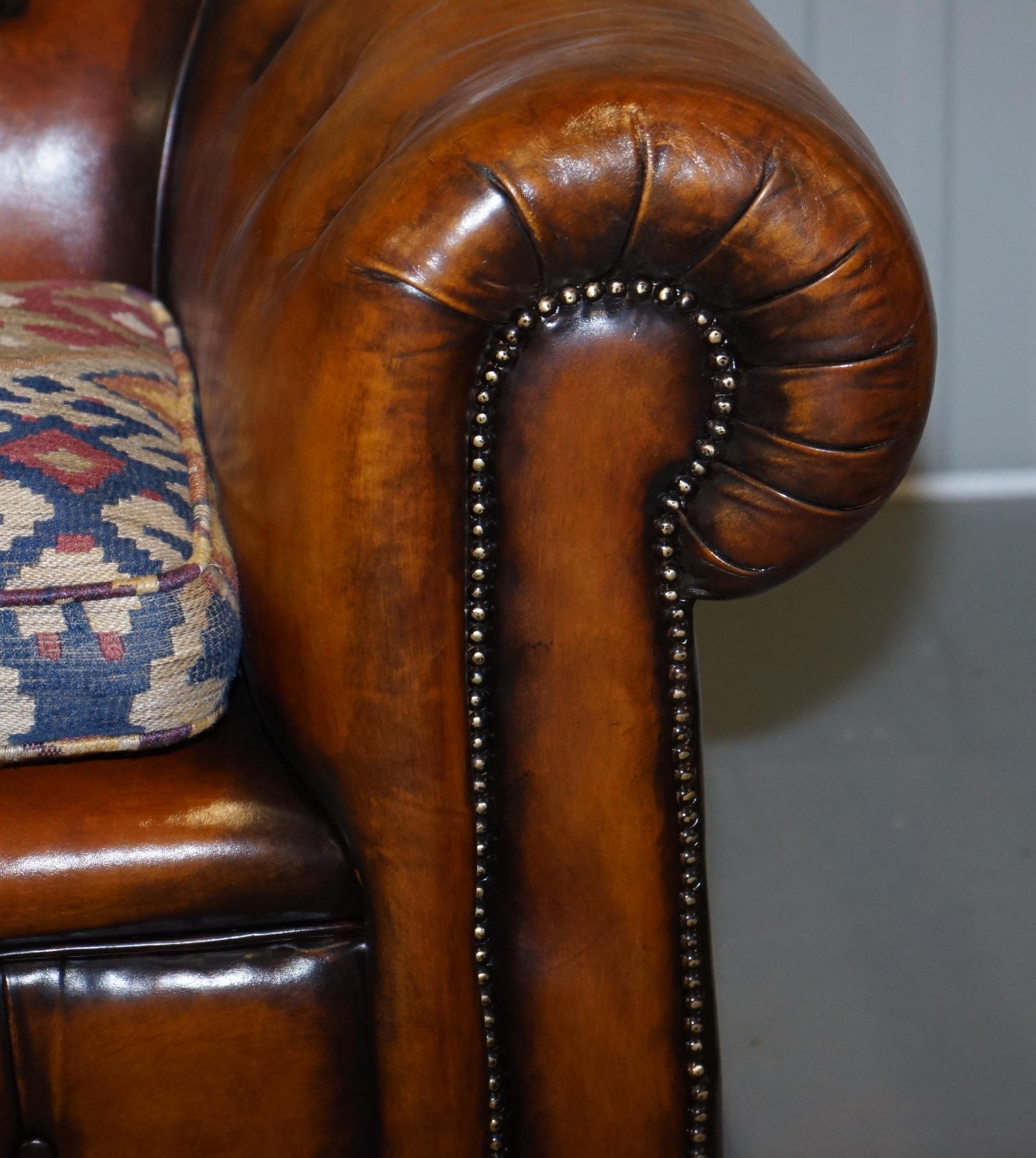 1 of 2 Restored Victorian Club Chesterfield Hand Dyed Leather Sofas Kilim Seat For Sale 6