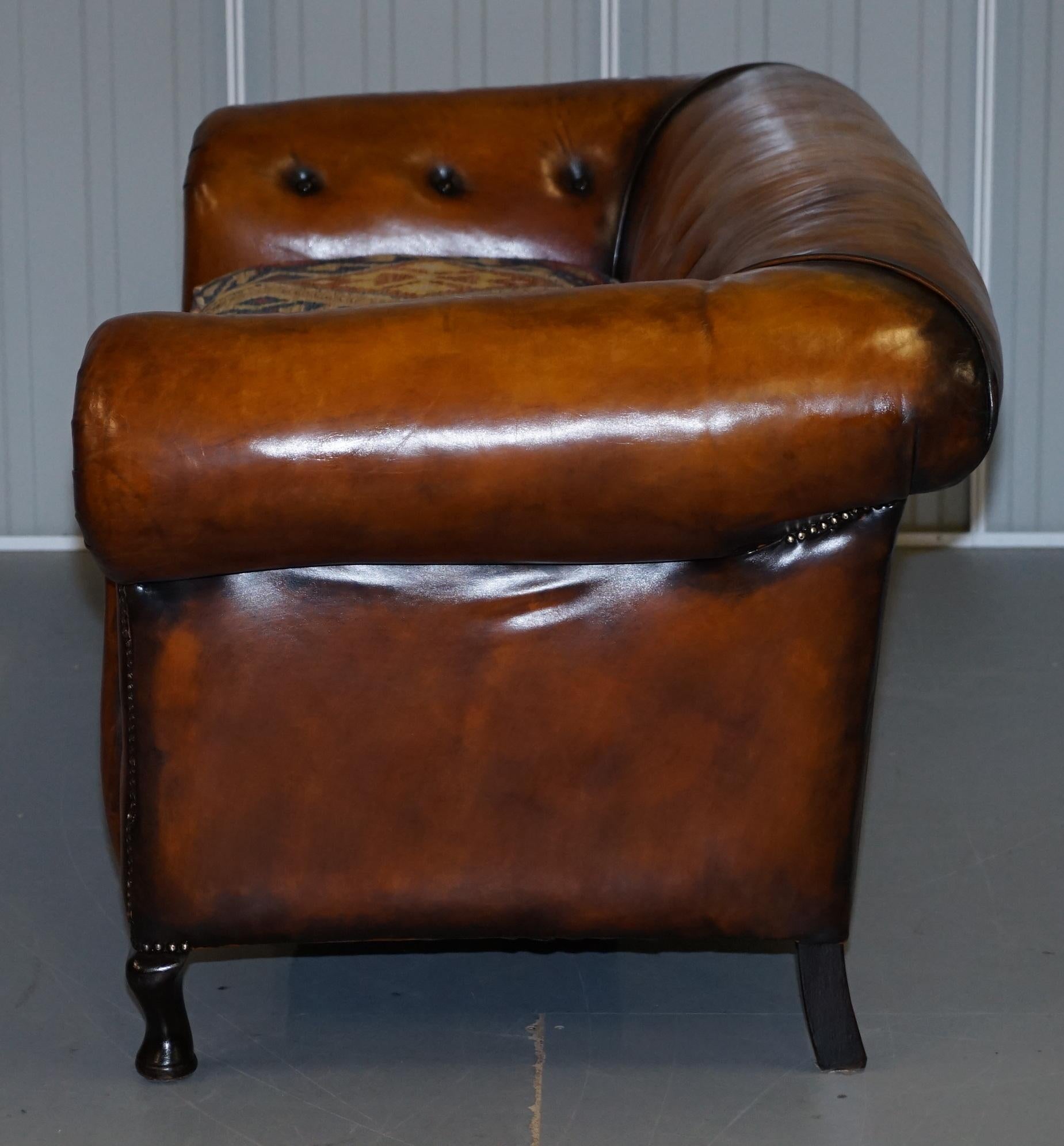 1 of 2 Restored Victorian Club Chesterfield Hand Dyed Leather Sofas Kilim Seat For Sale 11