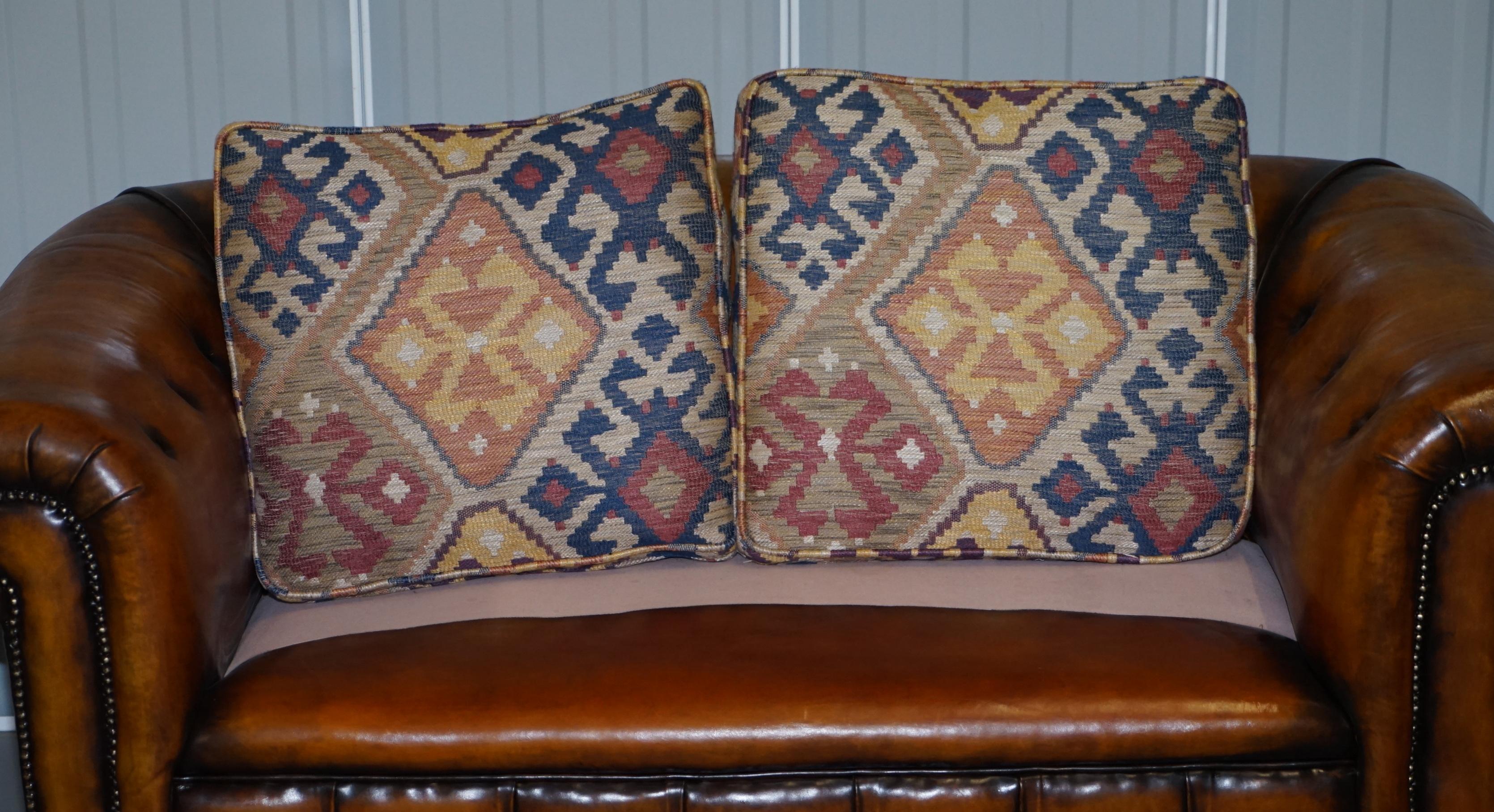 1 of 2 Restored Victorian Club Chesterfield Hand Dyed Leather Sofas Kilim Seat For Sale 13