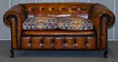 1 of 2 Restored Victorian Club Chesterfield Hand Dyed Leather Sofas Kilim Seat
