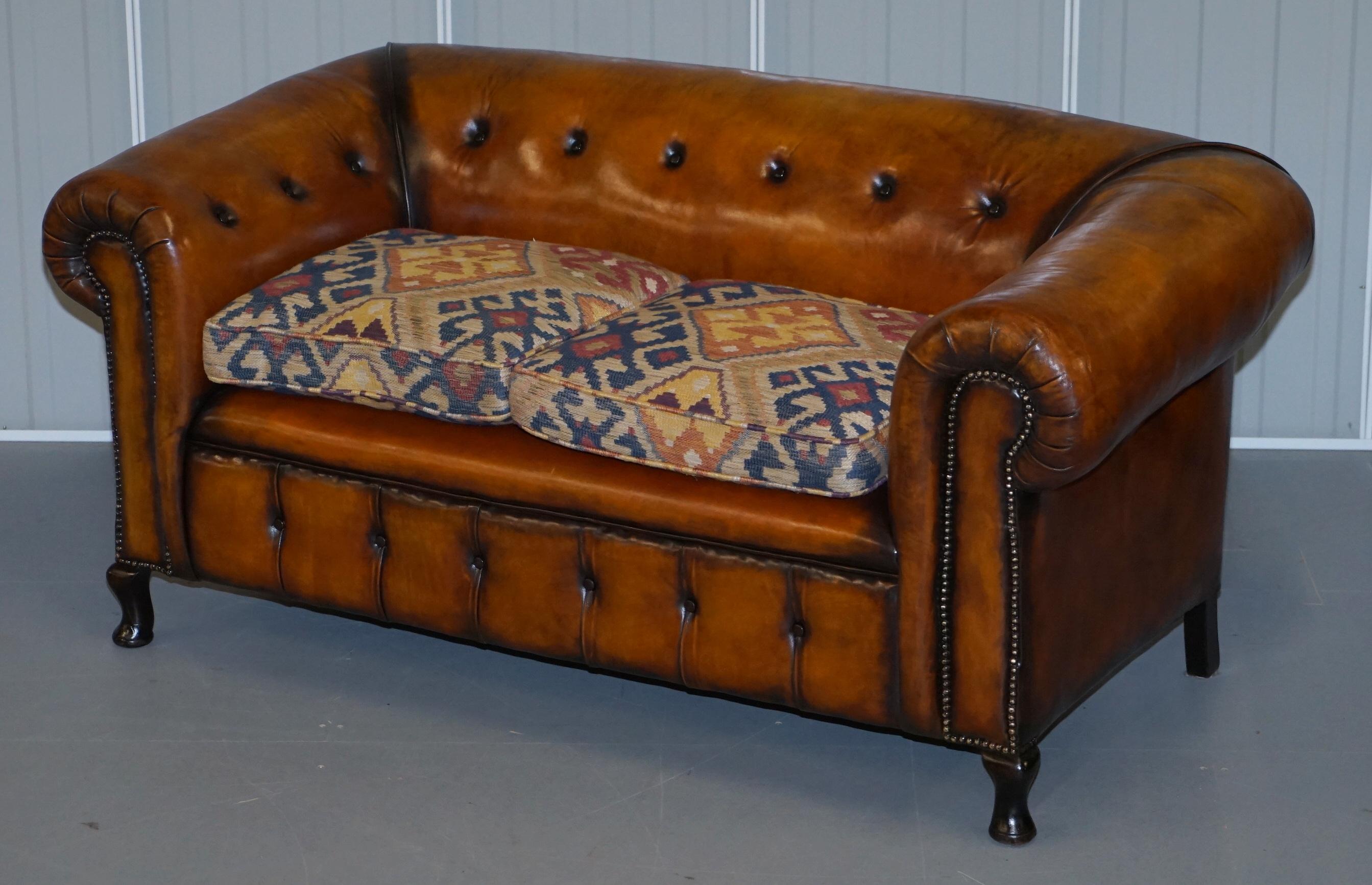 English 1 of 2 Restored Victorian Club Chesterfield Hand Dyed Leather Sofas Kilim Seat For Sale
