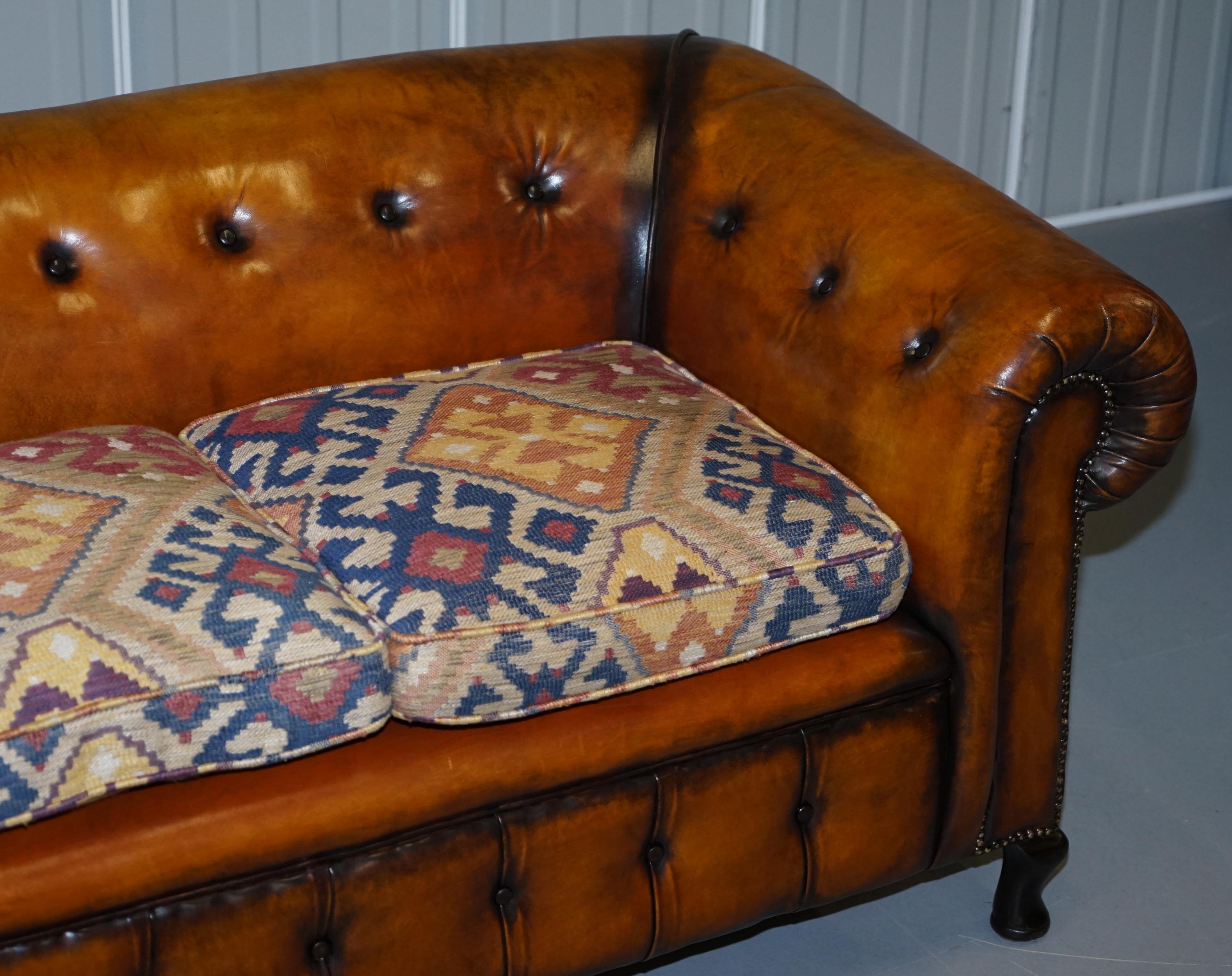 1 of 2 Restored Victorian Club Chesterfield Hand Dyed Leather Sofas Kilim Seat For Sale 4