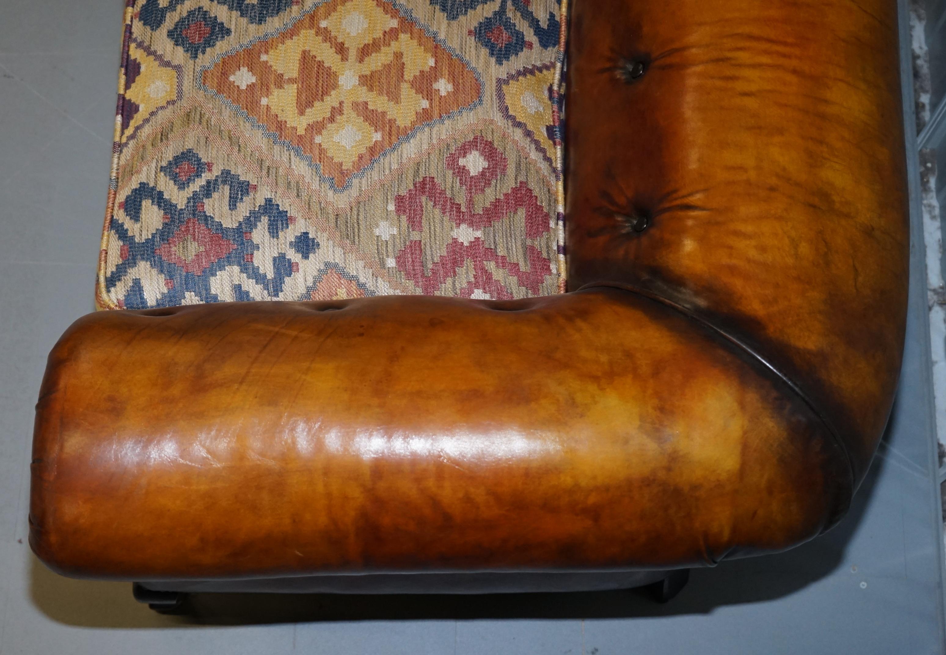 1 of 2 Restored Victorian Gentleman's Club Chesterfield Leather Sofas Kilim Seat For Sale 2