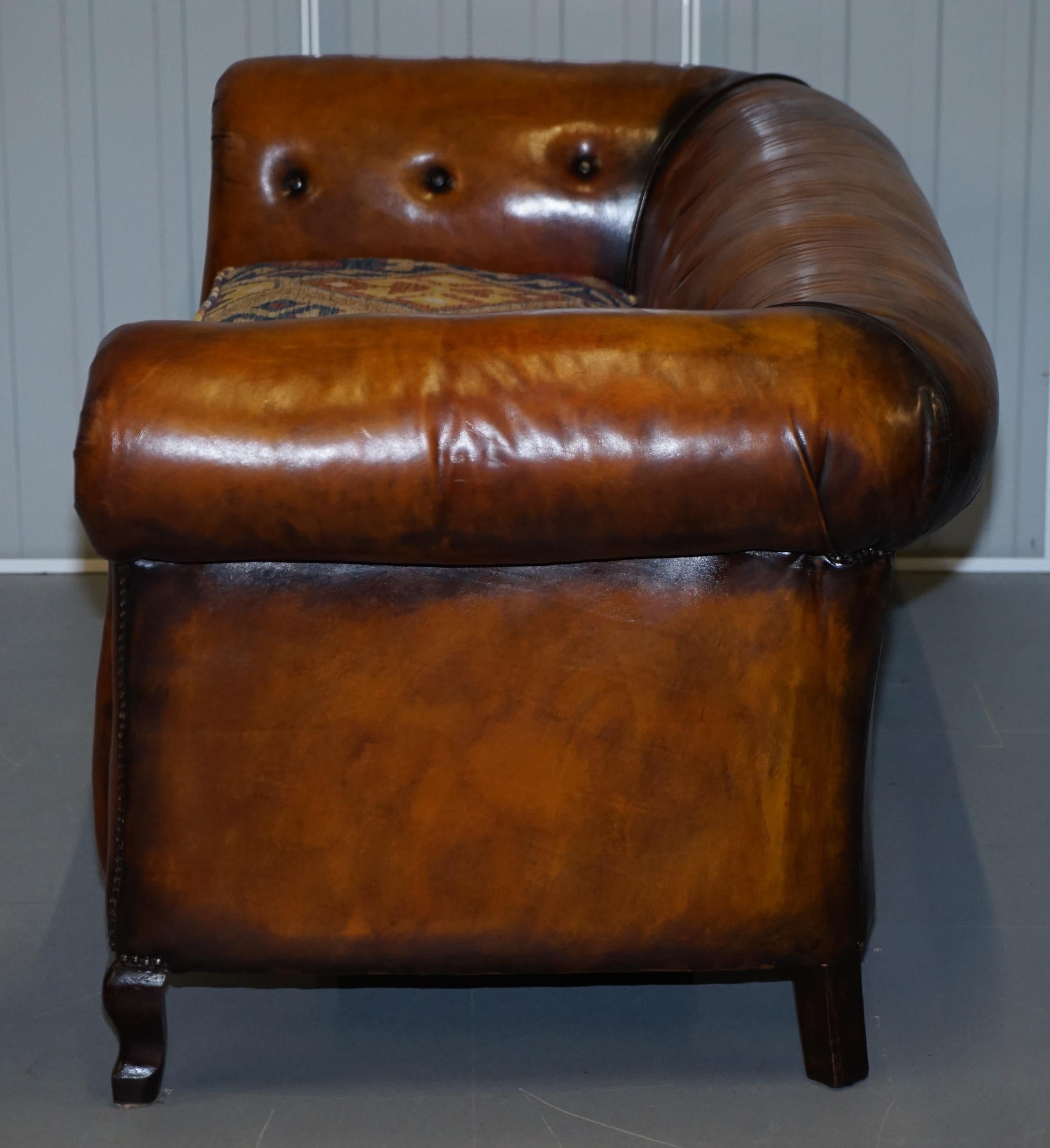 1 of 2 Restored Victorian Gentleman's Club Chesterfield Leather Sofas Kilim Seat For Sale 9