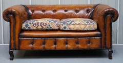 1 of 2 Restored Victorian Gentleman's Club Chesterfield Leather Sofas Kilim Seat