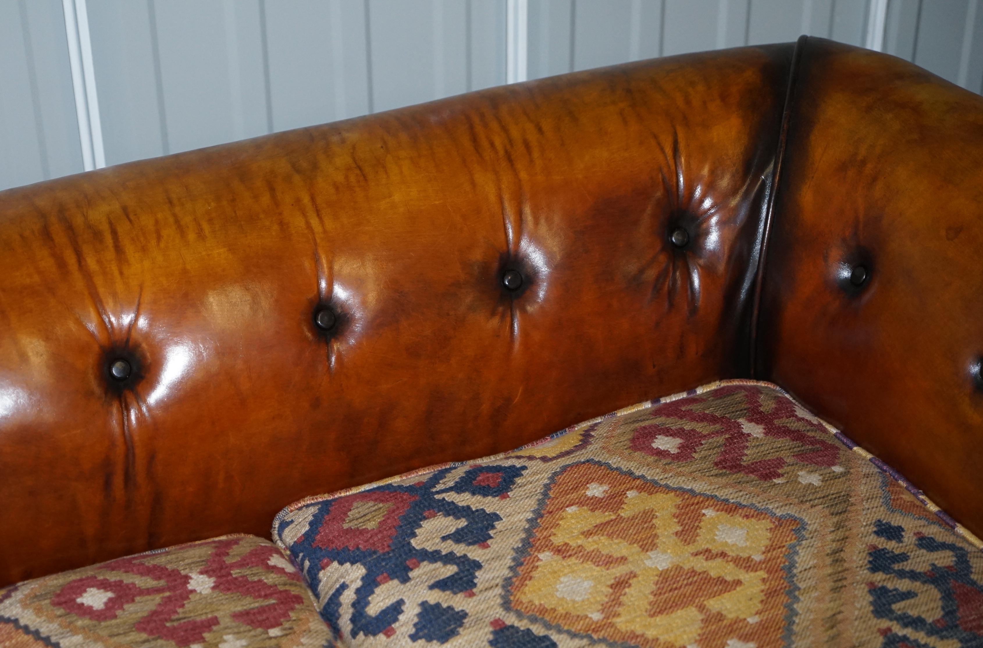 1 of 2 Restored Victorian Gentleman's Club Chesterfield Leather Sofas Kilim Seat For Sale 1