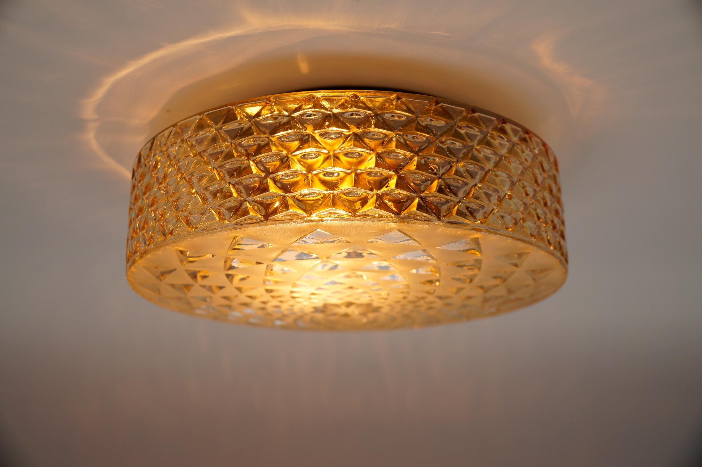 1 of 2 Round Geometric Satin Amber Glass Flush Mount Light or Wall Lamp, 1960s For Sale 3
