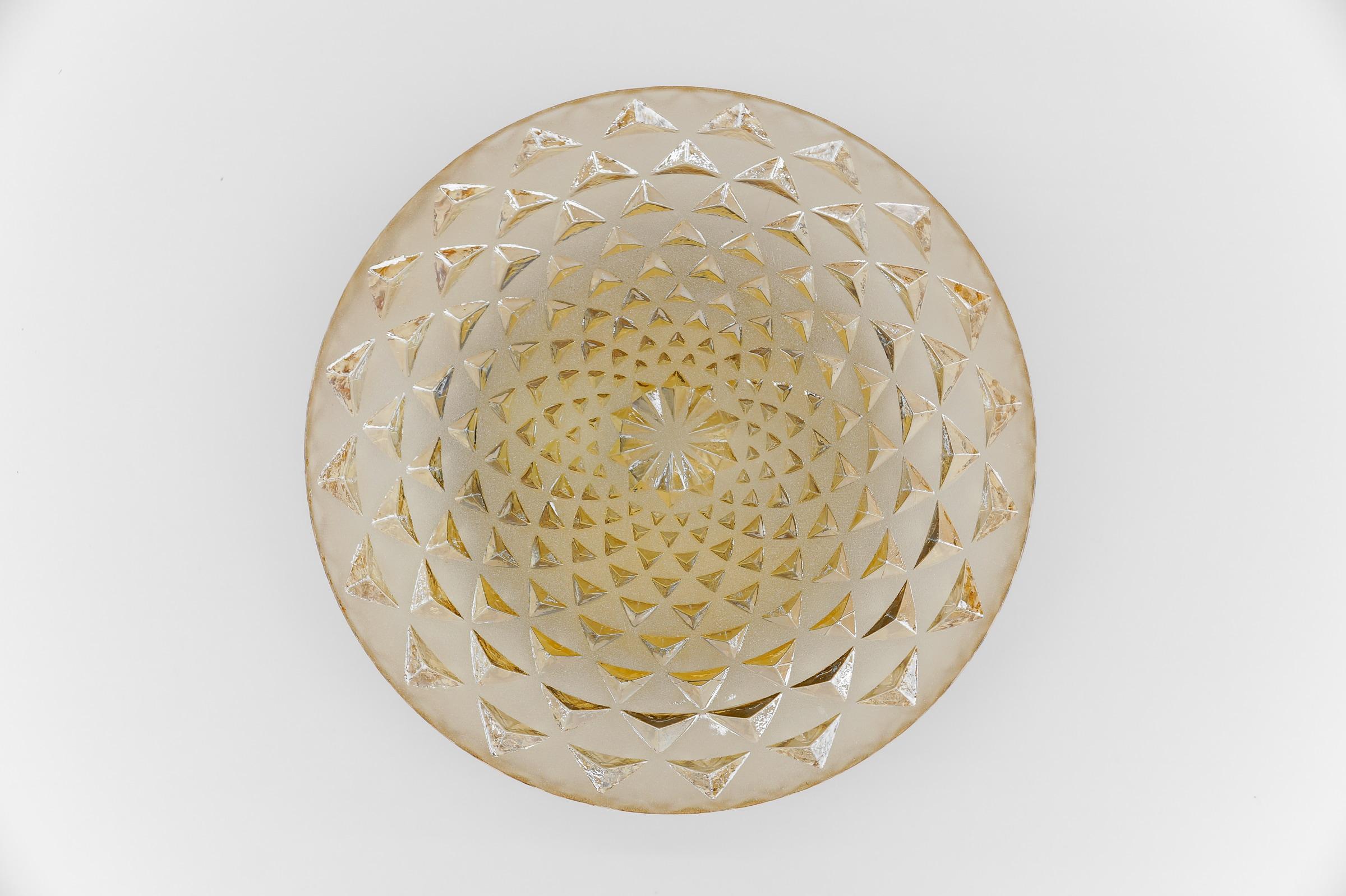 German 1 of 2 Round Geometric Satin Amber Glass Flush Mount Light or Wall Lamp, 1960s For Sale