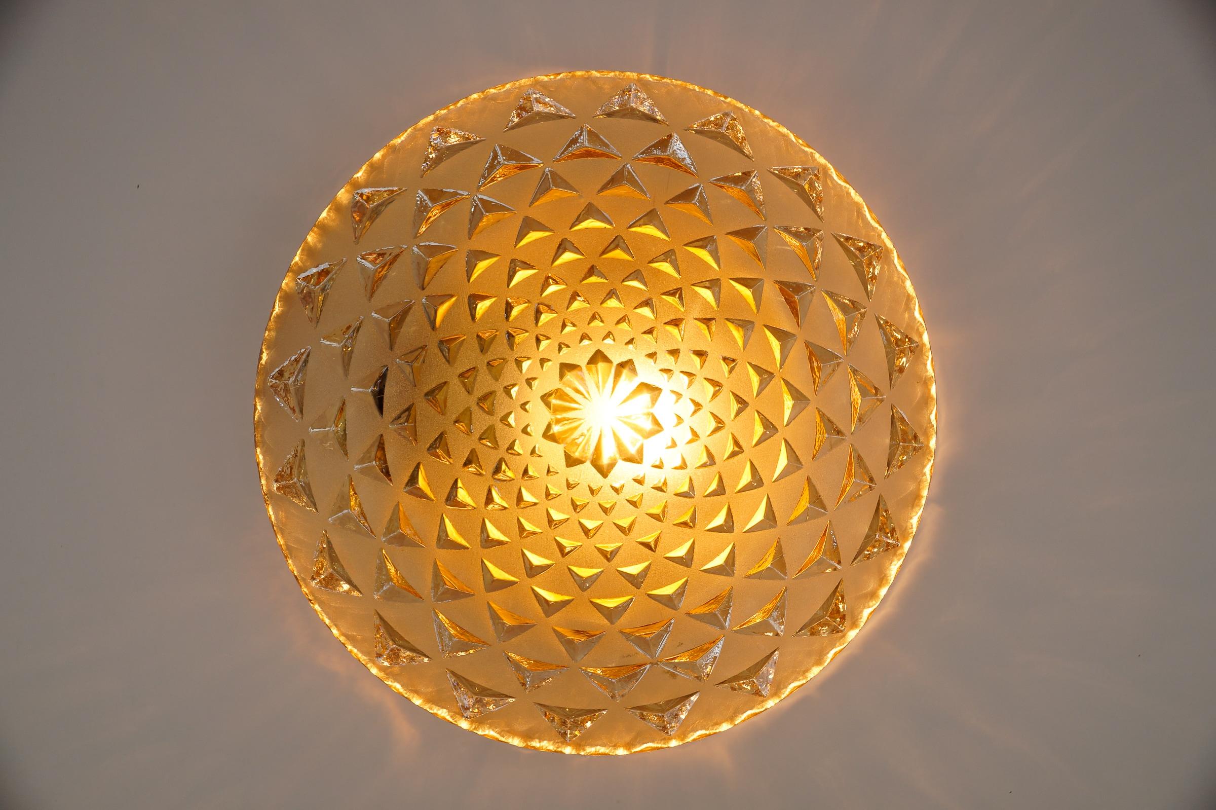 1 of 2 Round Geometric Satin Amber Glass Flush Mount Light or Wall Lamp, 1960s In Good Condition For Sale In Nürnberg, Bayern
