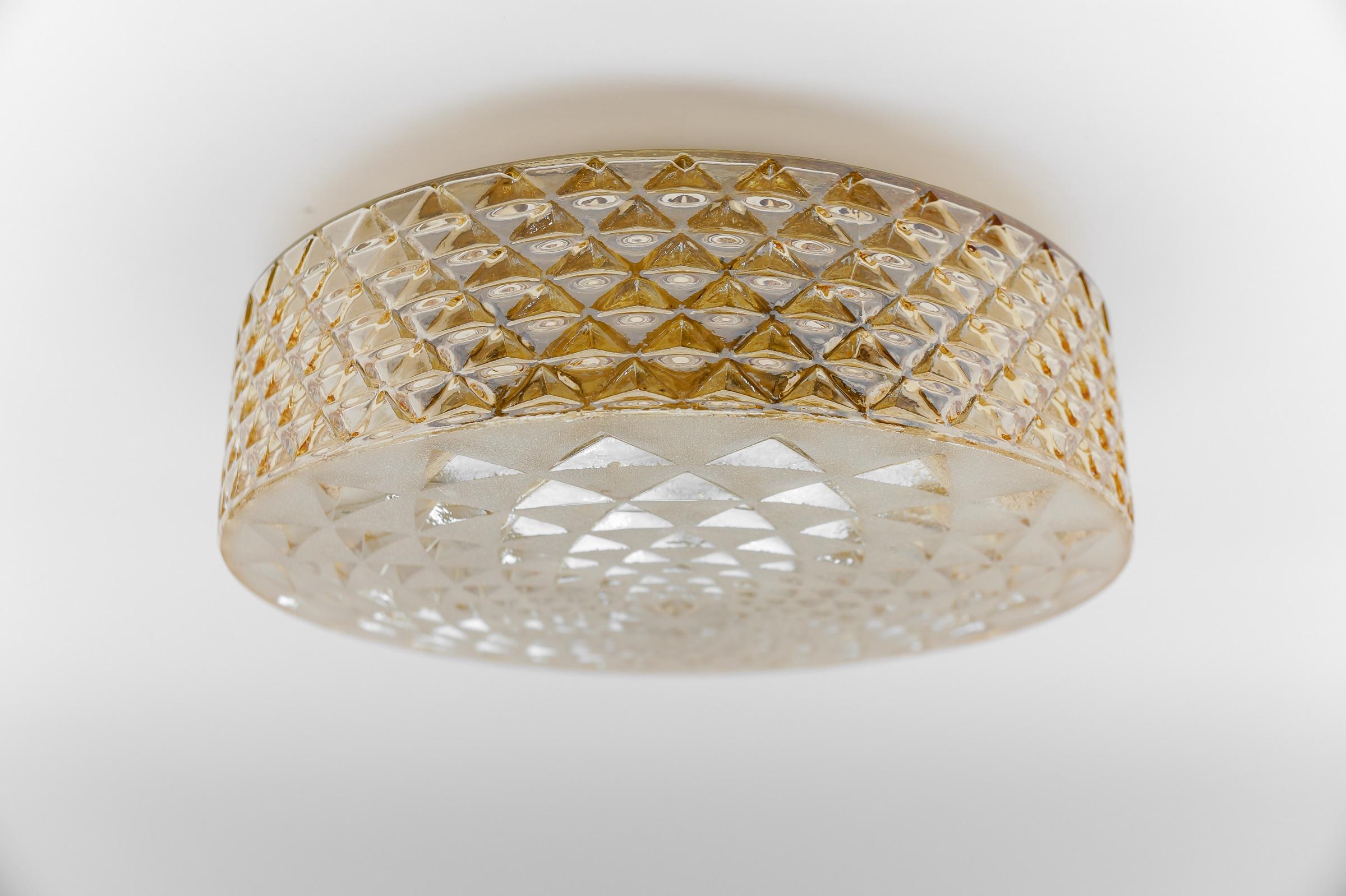 Mid-20th Century 1 of 2 Round Geometric Satin Amber Glass Flush Mount Light or Wall Lamp, 1960s For Sale
