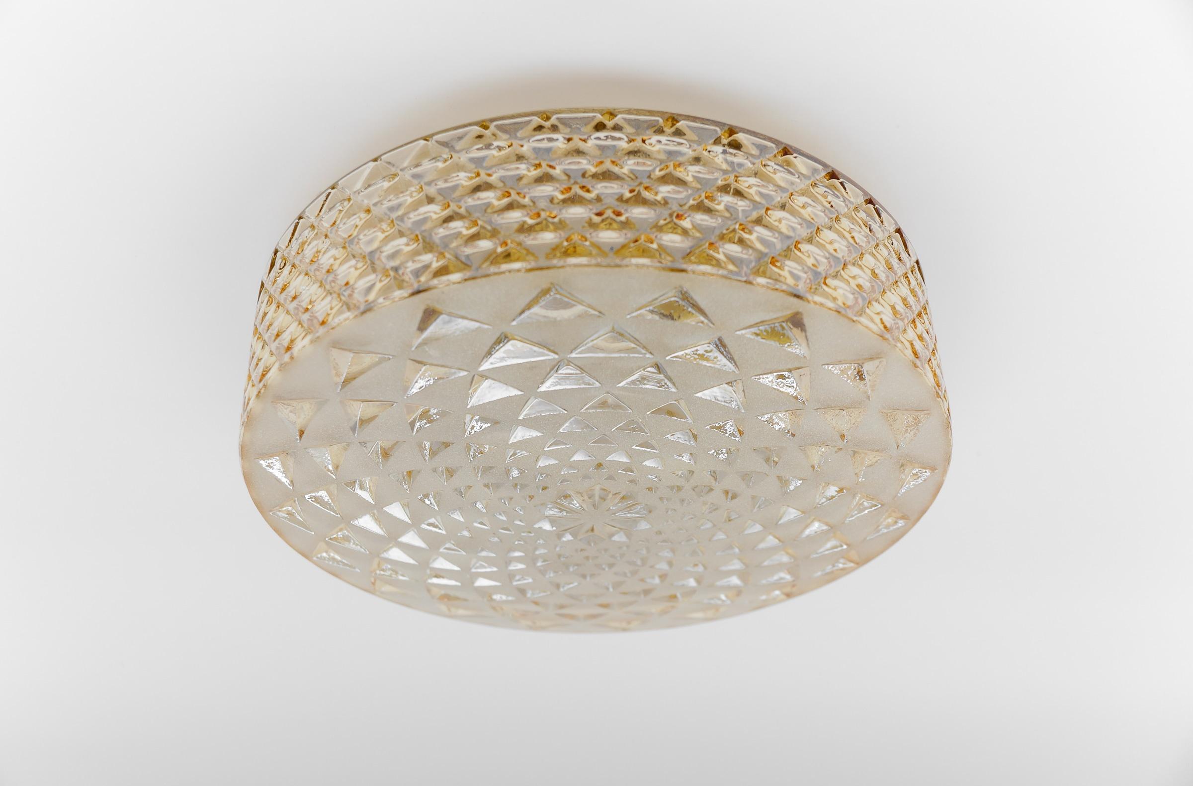 Metal 1 of 2 Round Geometric Satin Amber Glass Flush Mount Light or Wall Lamp, 1960s For Sale