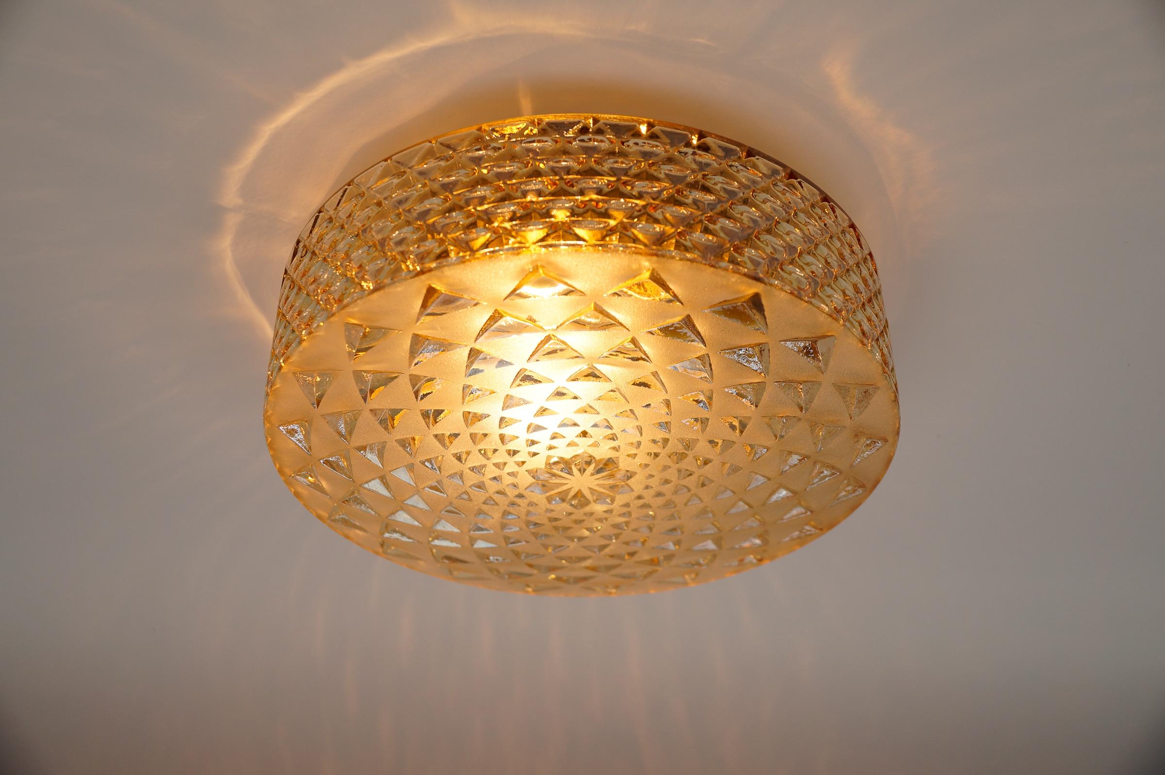 1 of 2 Round Geometric Satin Amber Glass Flush Mount Light or Wall Lamp, 1960s For Sale 1