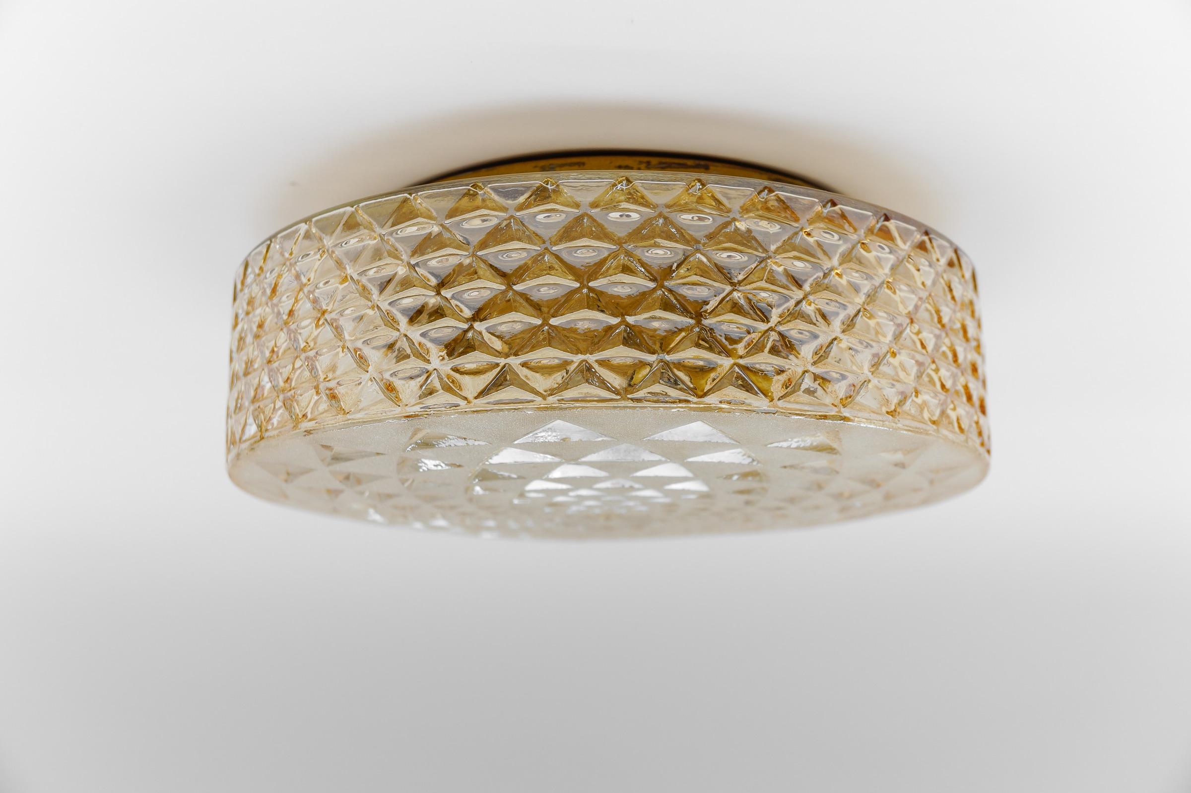 1 of 2 Round Geometric Satin Amber Glass Flush Mount Light or Wall Lamp, 1960s For Sale 2