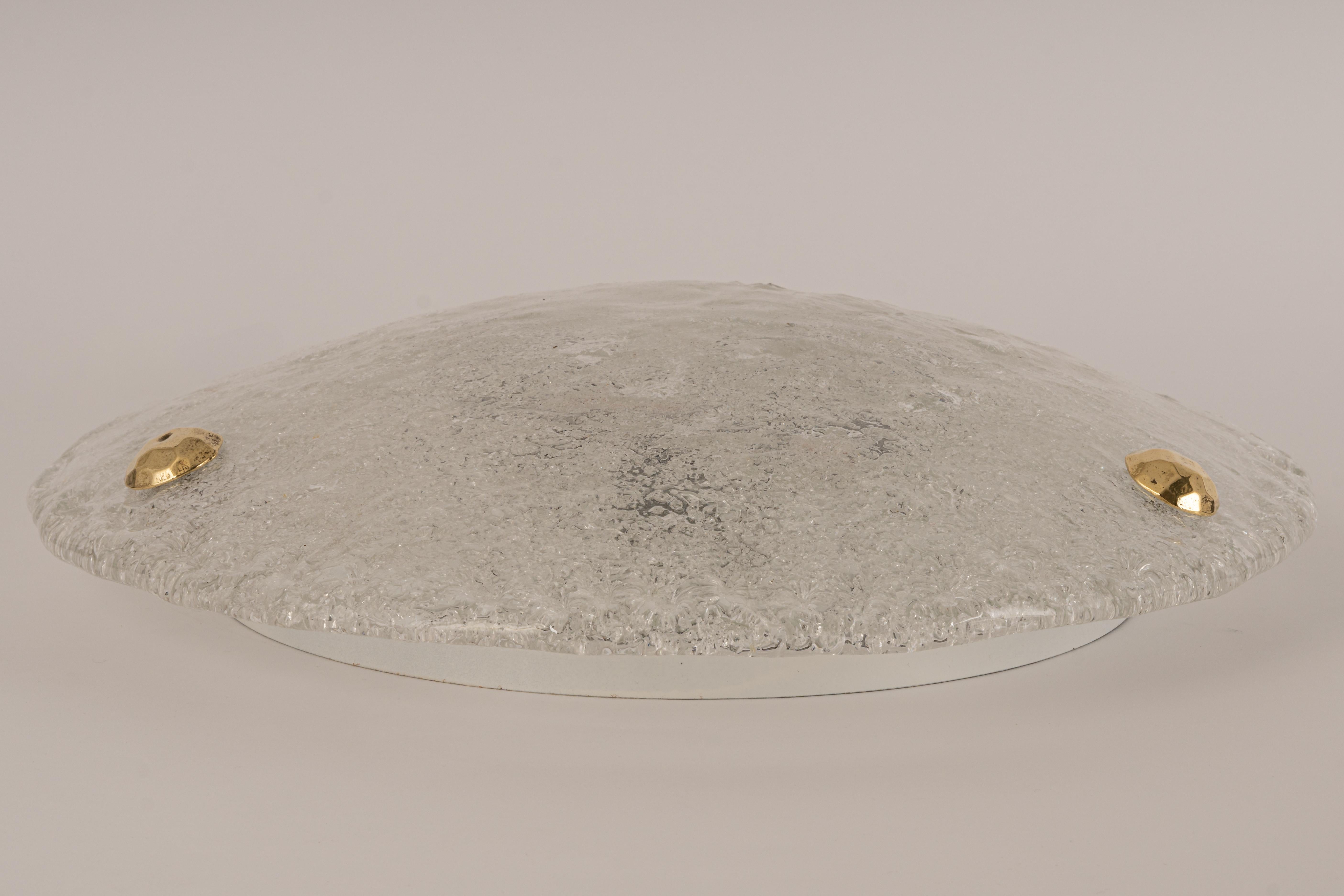 Mid-Century Modern 1 'of 2' Round Murano Ice Glass Flushmount by Hillebrand, Germany, 1970s For Sale