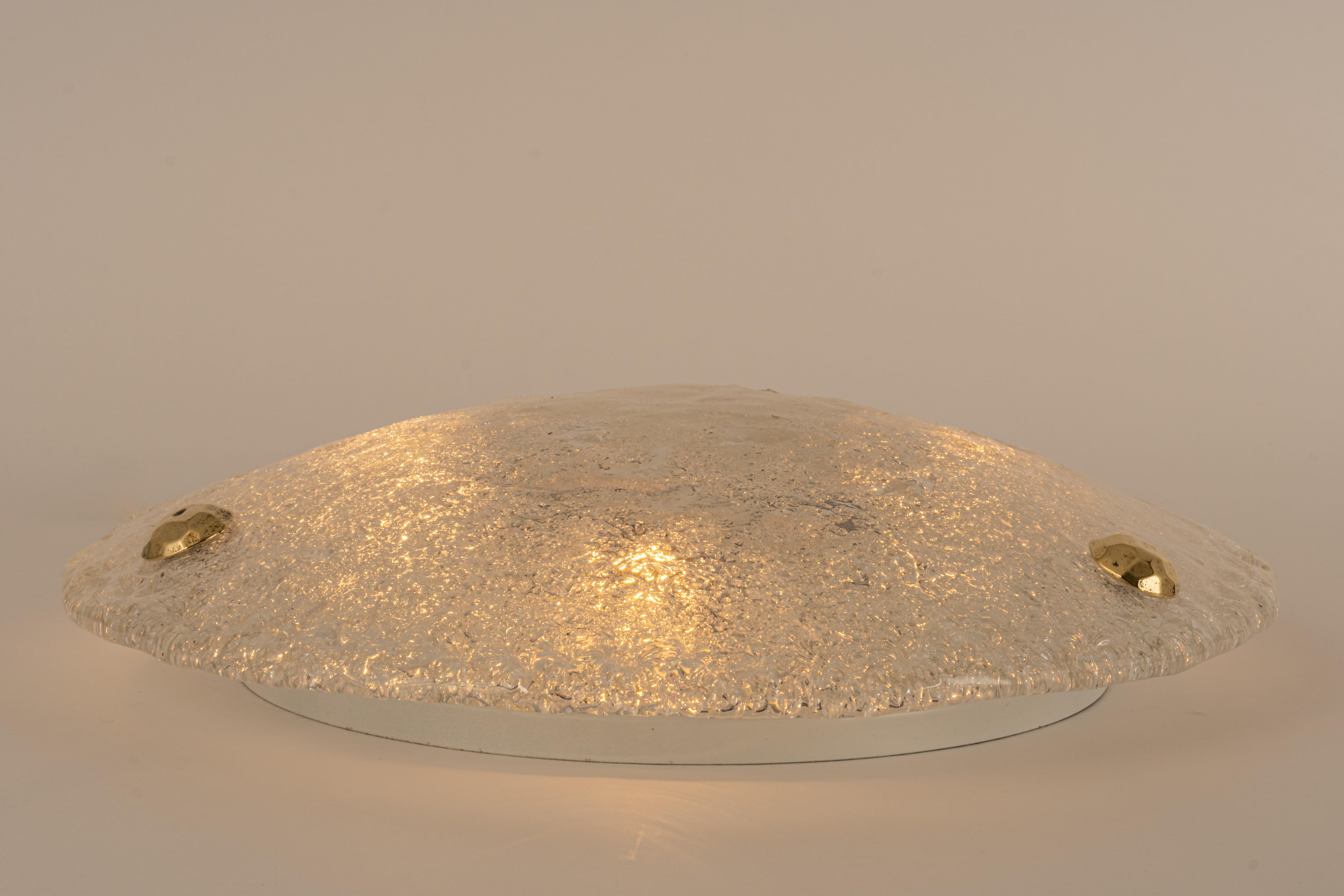 Brass 1 'of 2' Round Murano Ice Glass Flushmount by Hillebrand, Germany, 1970s For Sale