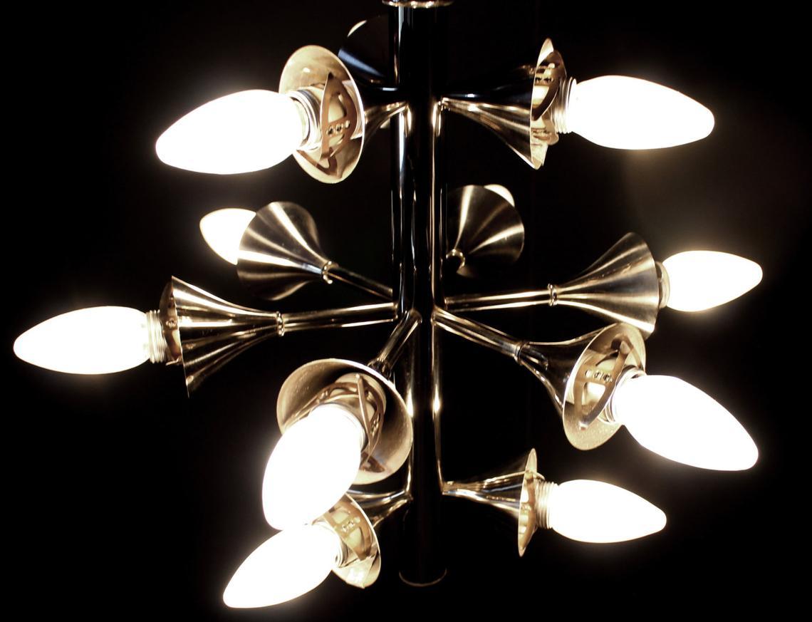 Glass 1 of 2 Sculptural Kaiser Chandeliers with 12 Lights, Germany, 1970s
