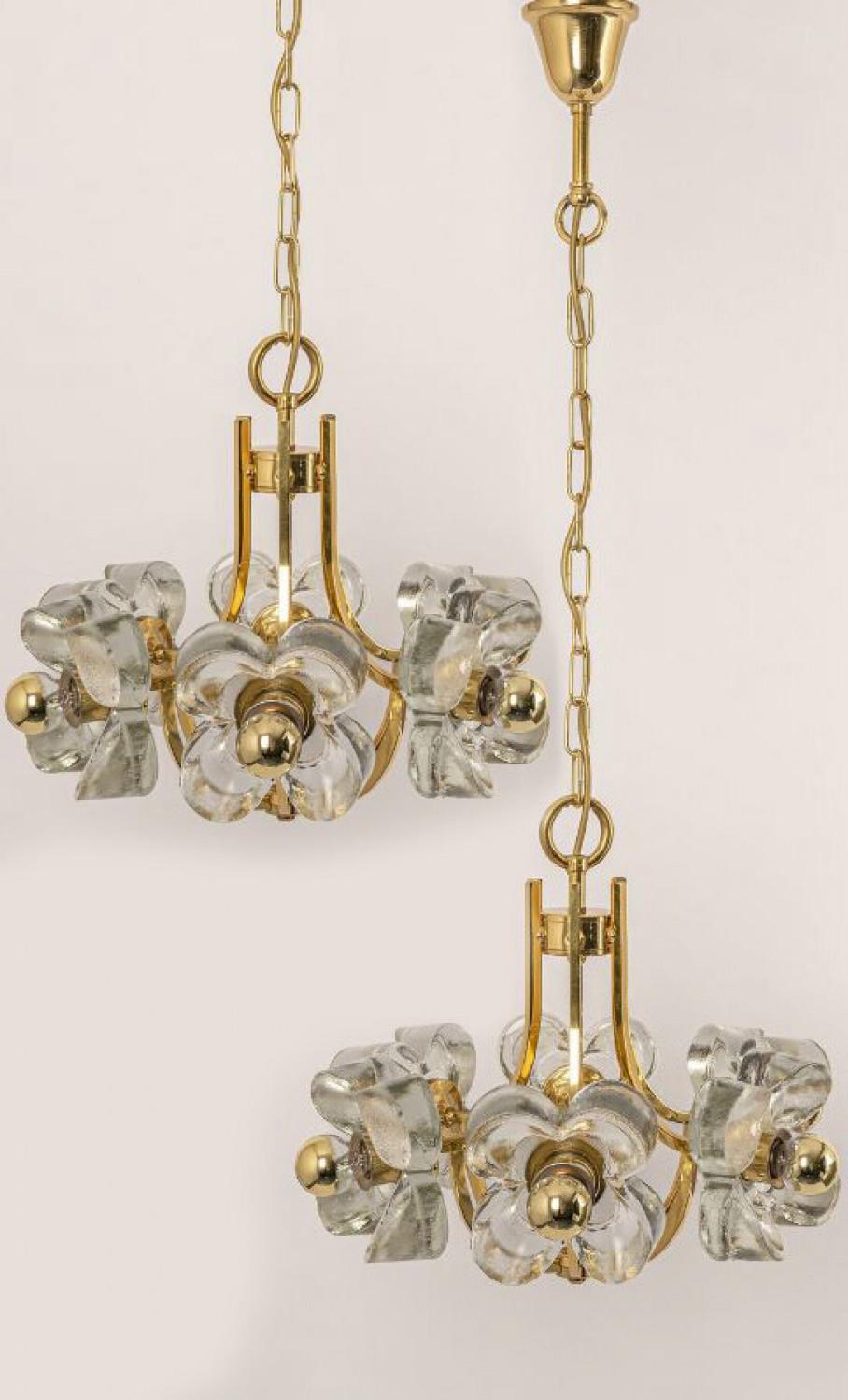 Mid-Century Modern 1 of 2 Sische Glass and Brass Chandelier, 1960s Modernist Design, Kalmar Style For Sale