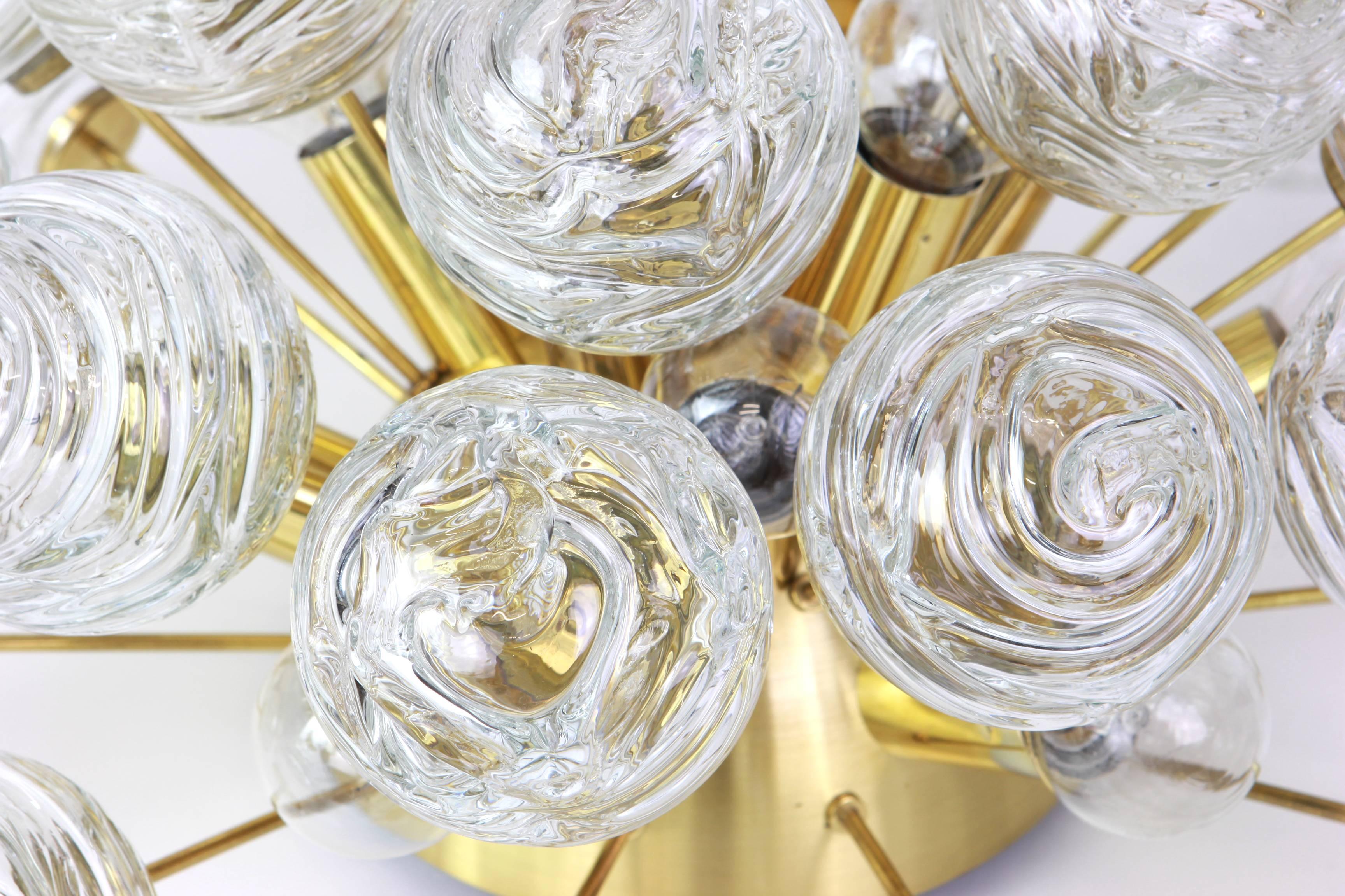 Brass 1 of 2 Spectacular Sputnik Flushmount Glass Snow Balls by Doria, Germany, 1970s For Sale