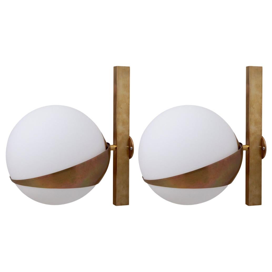 1 of 8 Brass and White Glass Wall Lamps or Sconces, Italy For Sale