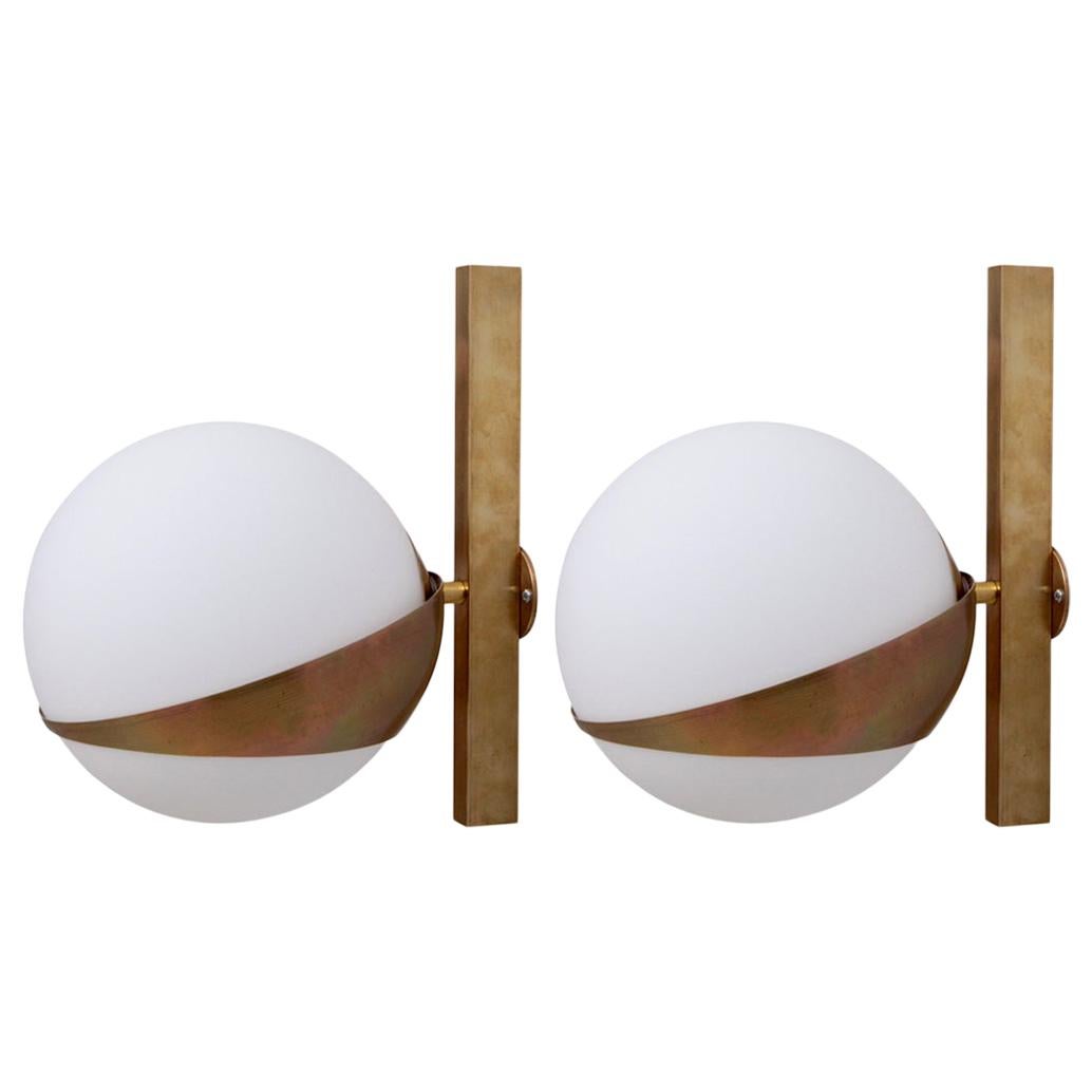 1 of 5 Brass and White Glass Wall Lamps or Sconces, Italy
