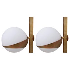 1 of 8 Brass and White Glass Wall Lamps or Sconces, Italy