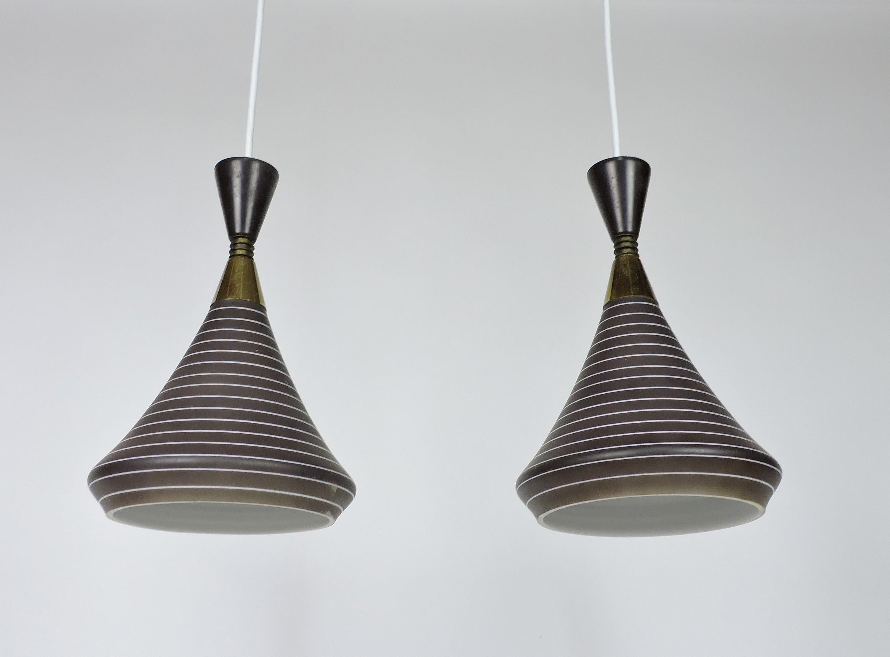 Mid-Century Modern 1 of 2 Stilnovo Style Mid Century Modern Glass and Brass Pendant Lights For Sale