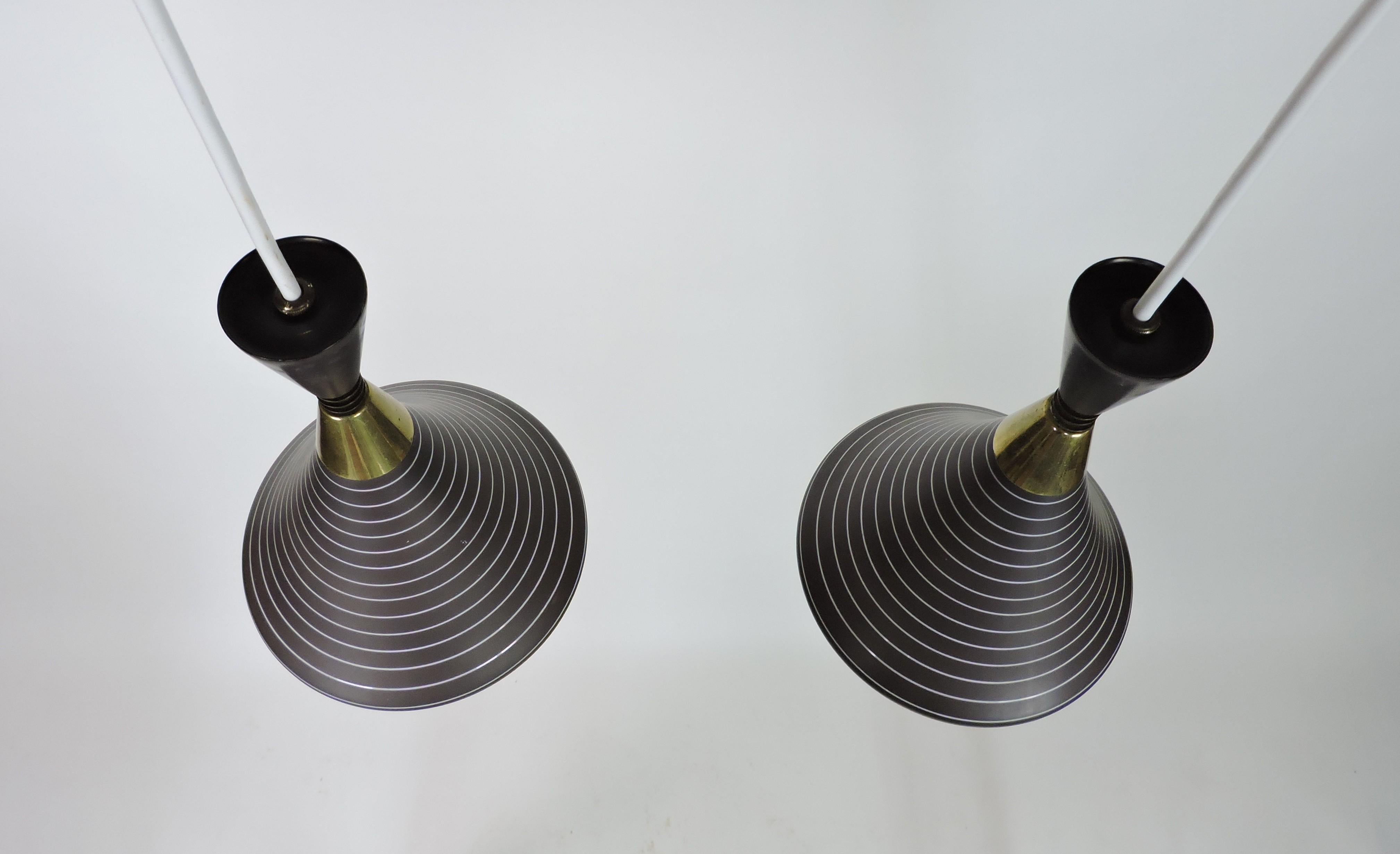 American 1 of 2 Stilnovo Style Mid Century Modern Glass and Brass Pendant Lights For Sale