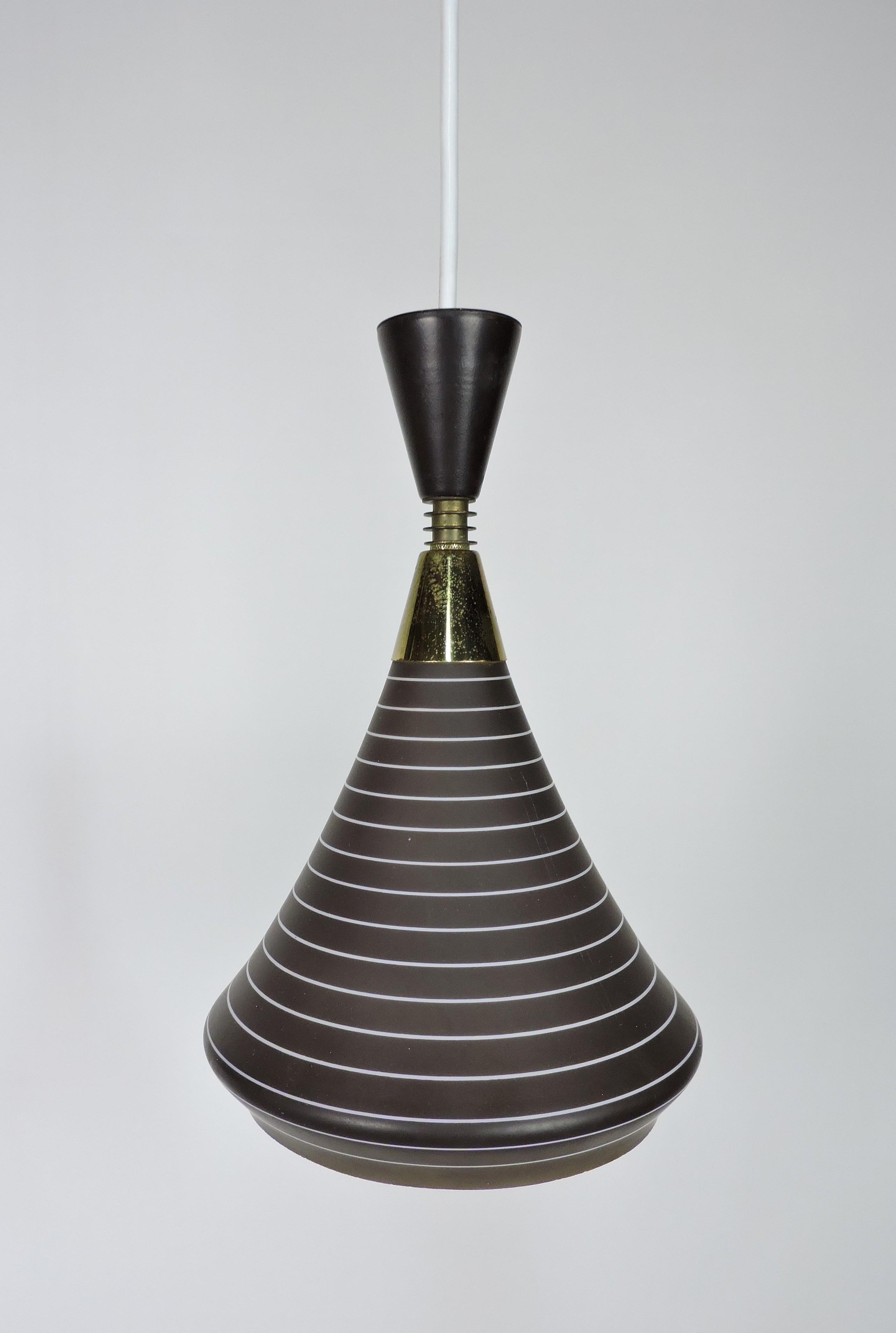 Mid-20th Century 1 of 2 Stilnovo Style Mid Century Modern Glass and Brass Pendant Lights For Sale