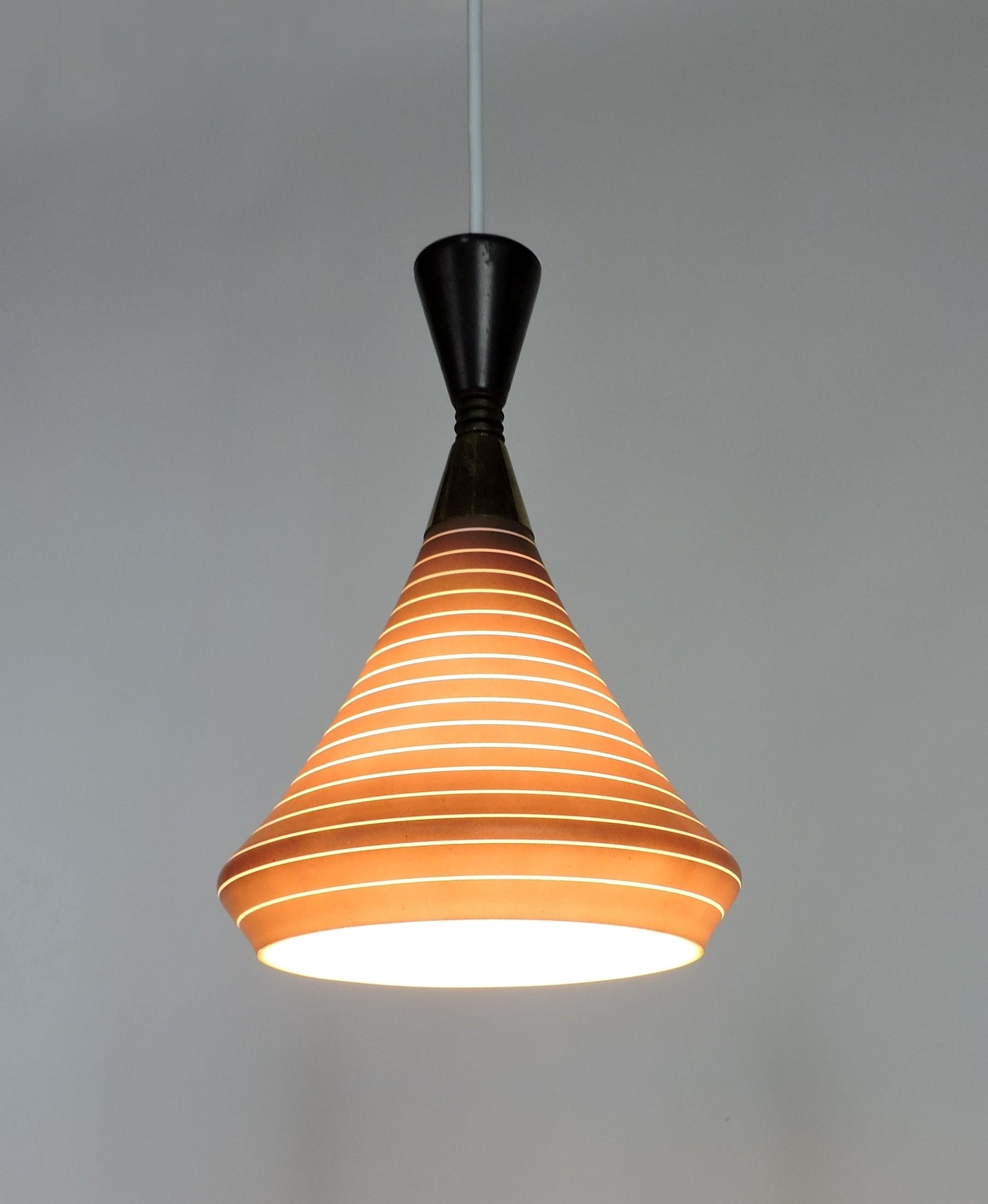 1 of 2 Stilnovo Style Mid Century Modern Glass and Brass Pendant Lights For Sale 1