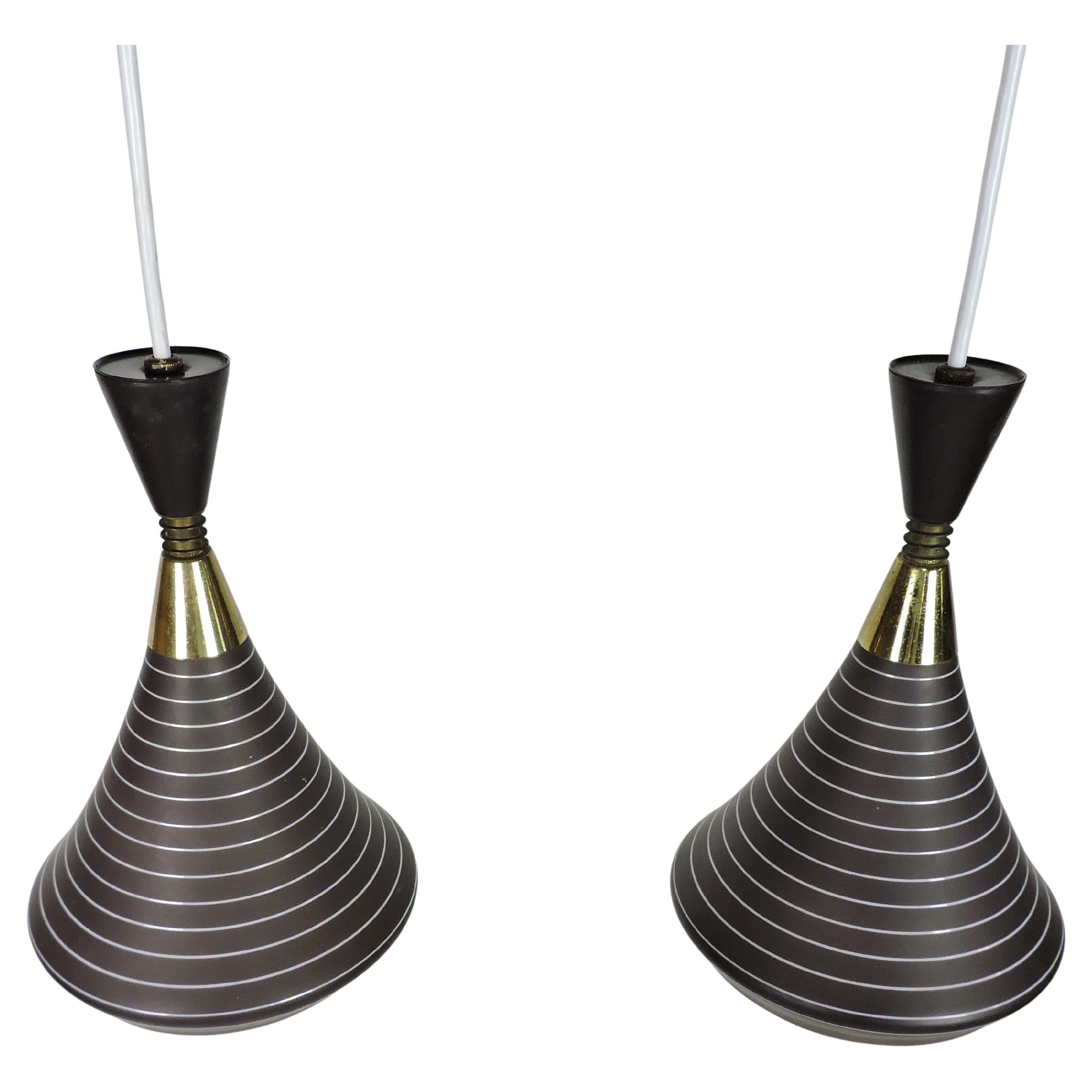 1 of 2 Stilnovo Style Mid Century Modern Glass and Brass Pendant Lights For Sale