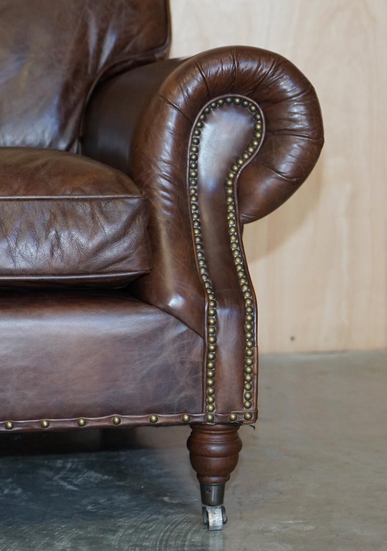Art Deco 1 of 2 Stuning Timothy Oulton Balmoral Hand Dyed Brown Leather Sofas Wide For Sale