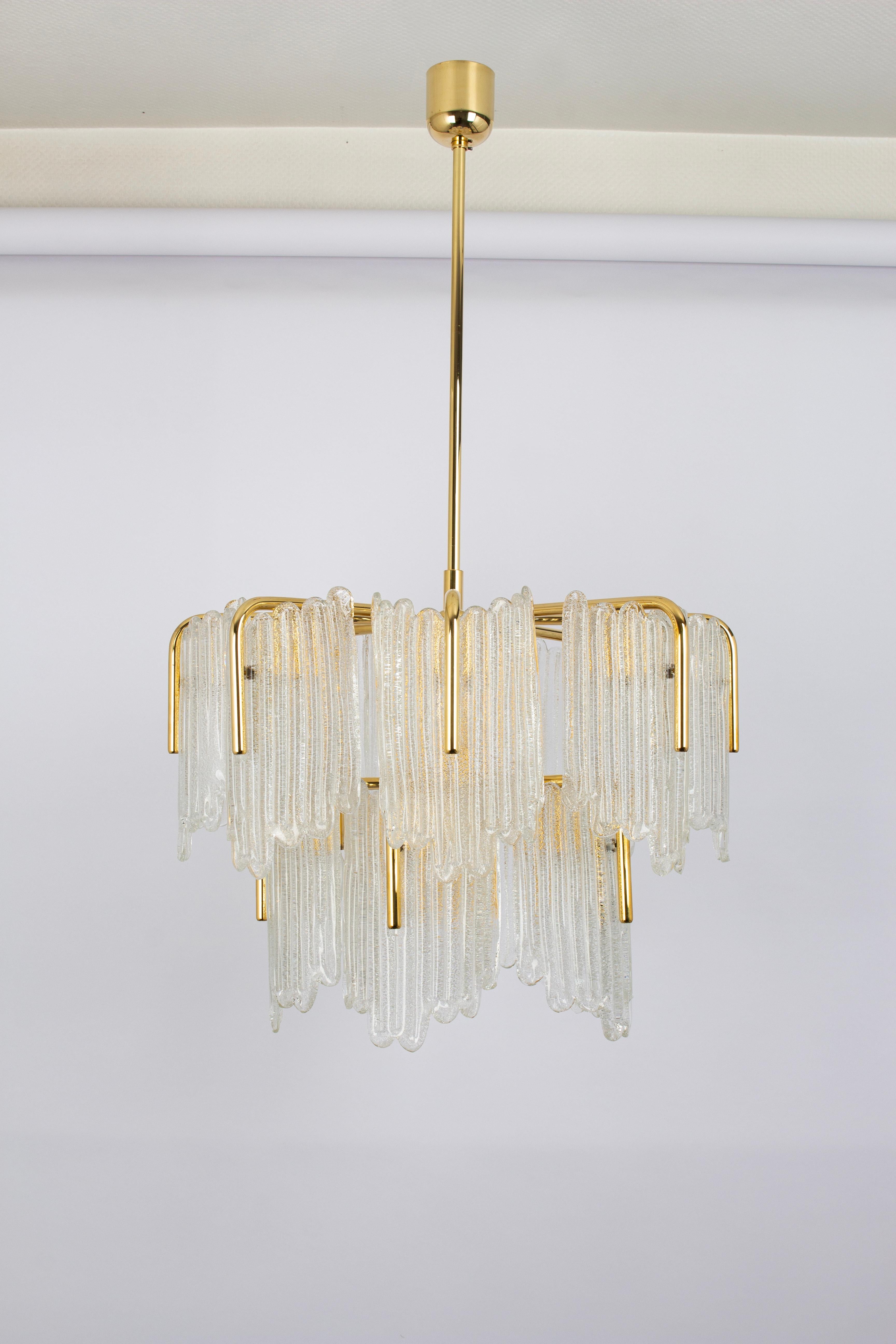 Very glamorous chandelier designed by Carl Fagerlund for JSB, Germany manufactured in midcentury, circa 1960-1969. The light features a polished brass frame with eight stunning Murano glass leaves which have a matte frosted relief on the inside and