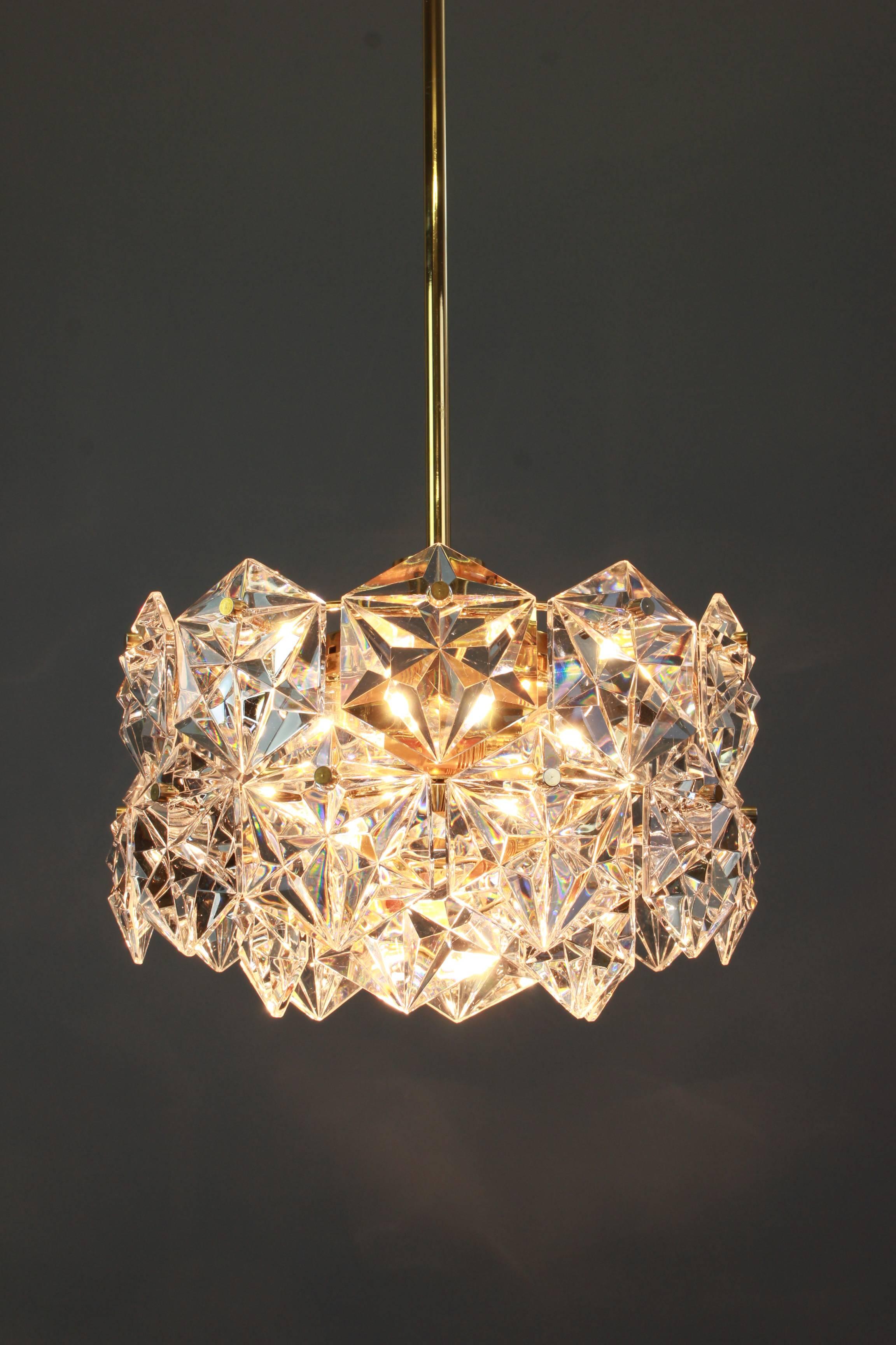 Gold Plate 1 of 2 Stunning Chandelier, Brass and Crystal Glass by Kinkeldey, Germany, 1970