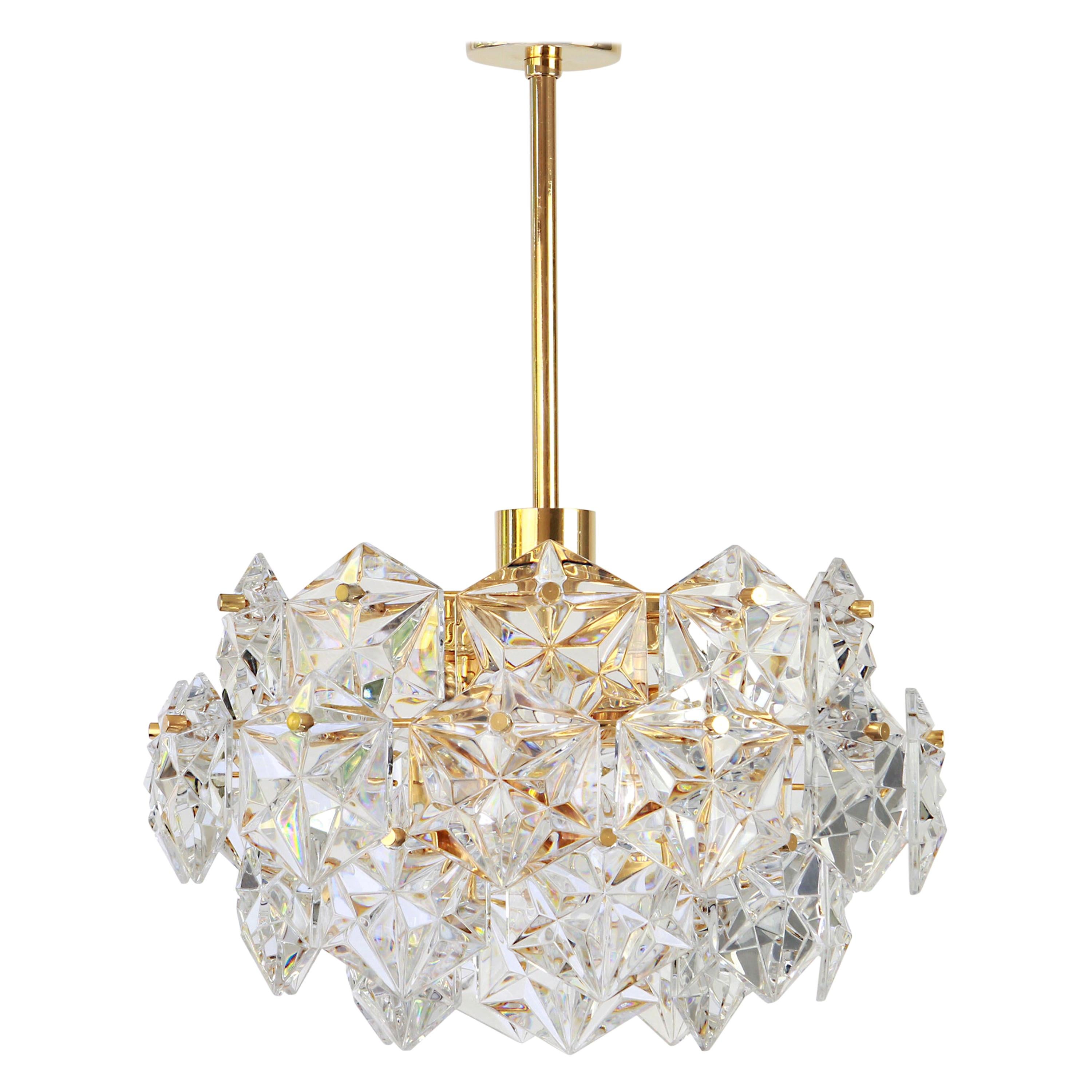 1 of 2 Stunning Chandelier, Brass and Crystal Glass by Kinkeldey, Germany, 1970 For Sale