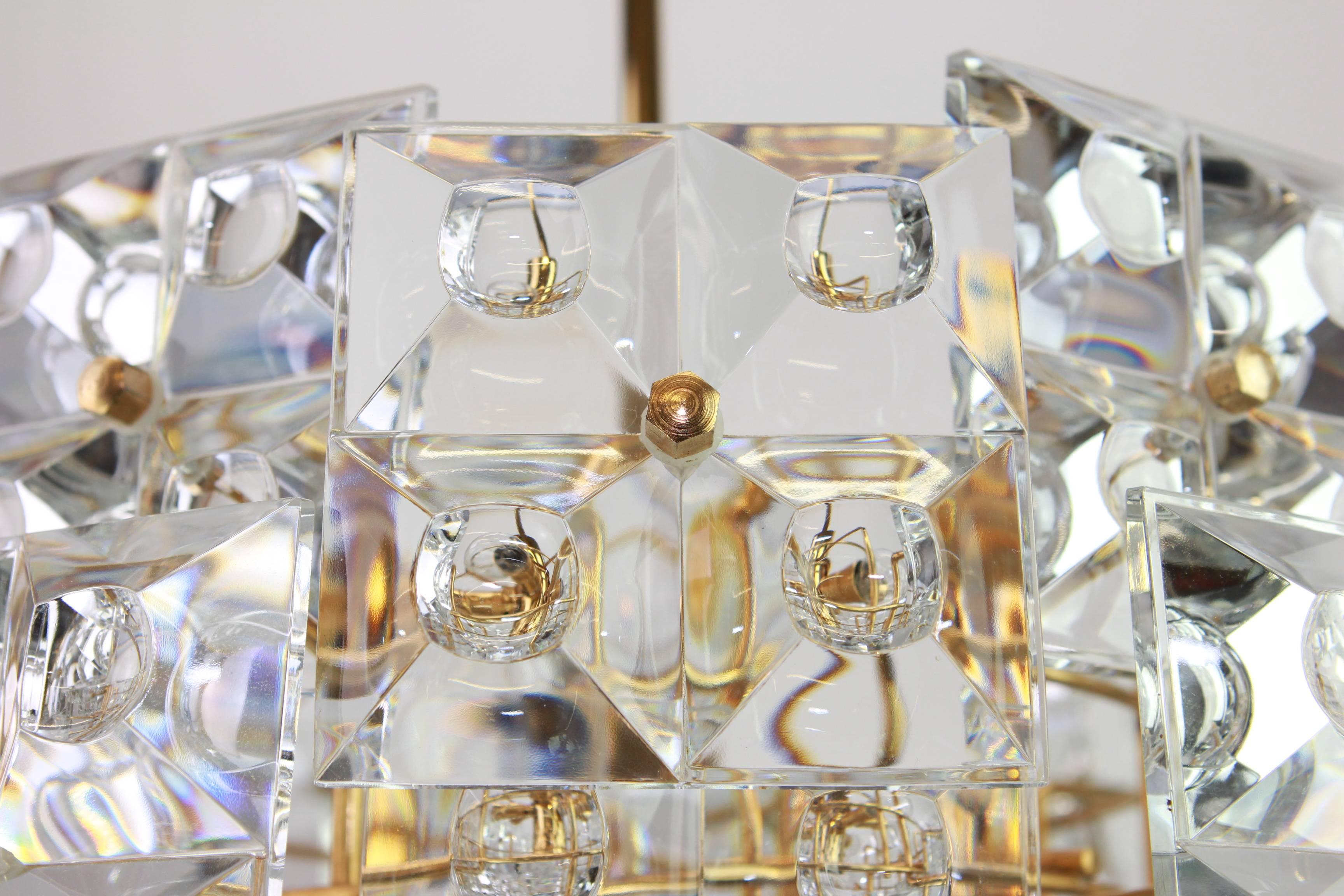 Mid-Century Modern 1 of 2 Stunning Chandelier, Brass and Crystal Glass by Kinkeldey, Germany, 1970s