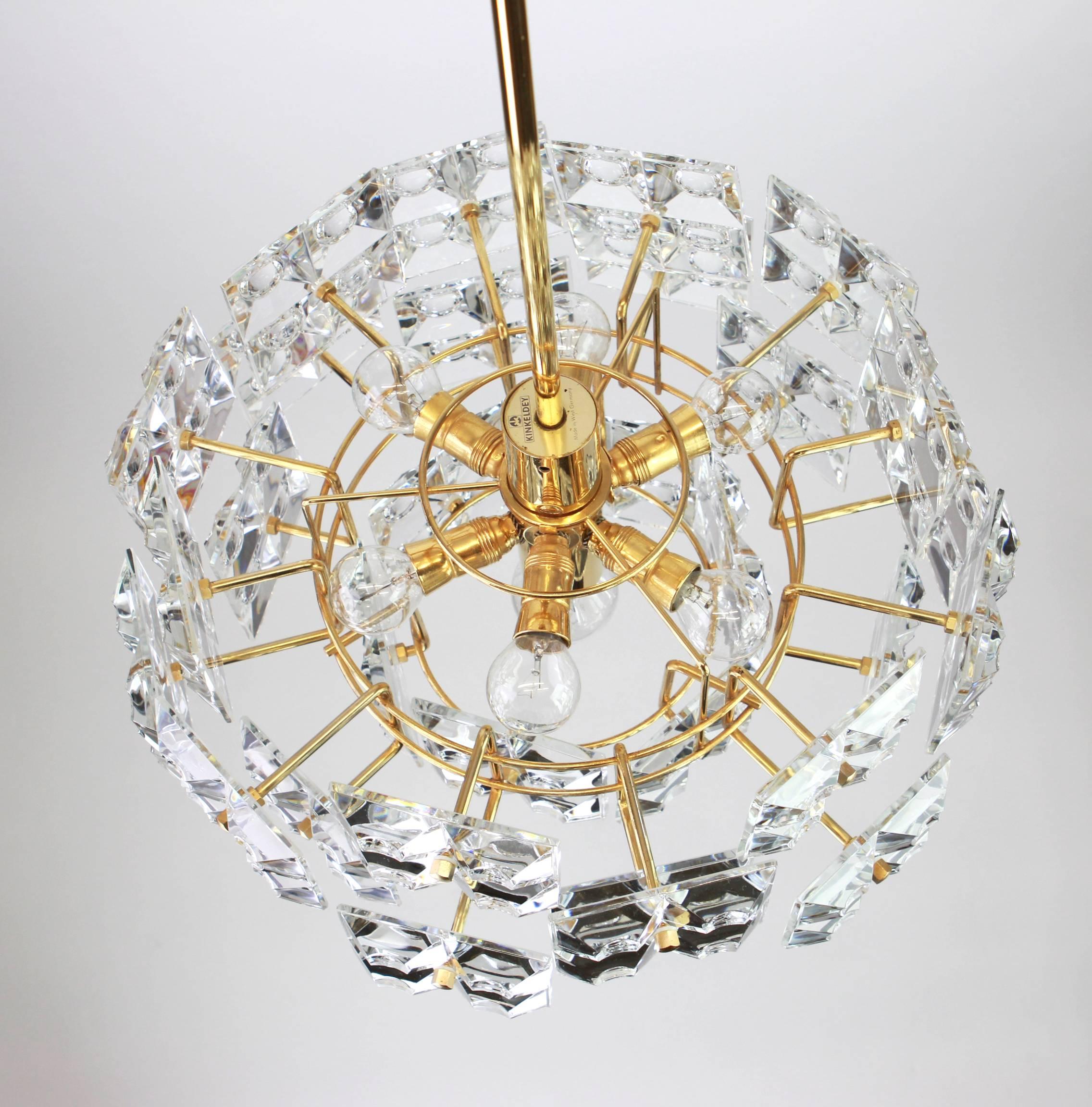 Late 20th Century 1 of 2 Stunning Chandelier, Brass and Crystal Glass by Kinkeldey, Germany, 1970s