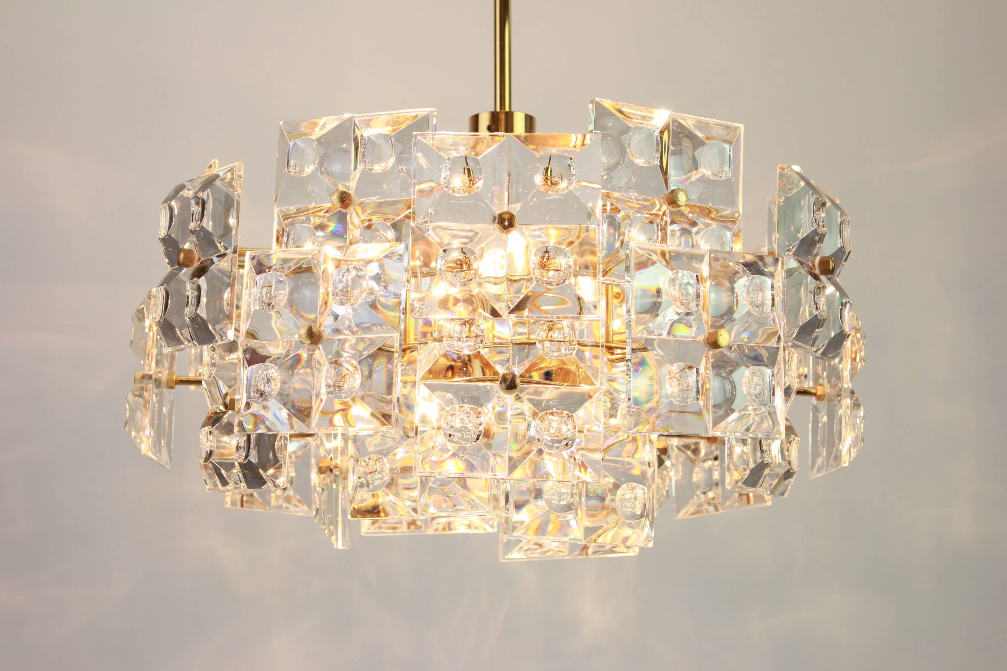 1 of 2 Stunning Chandelier, Brass and Crystal Glass by Kinkeldey, Germany, 1970s 1