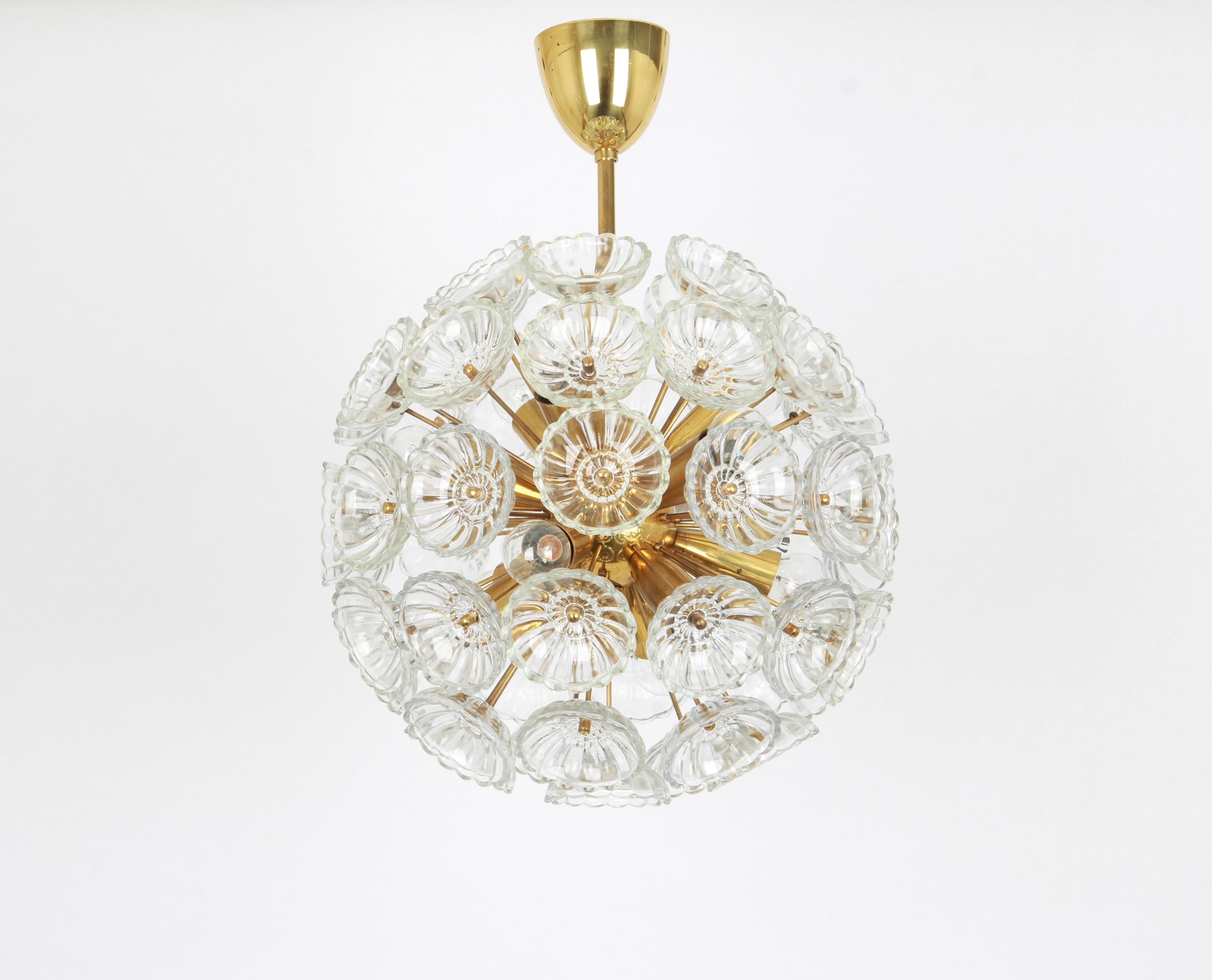1 of 2 Stunning Floral Glass and Brass Sputnik Chandeliers, Germany, 1960s 5