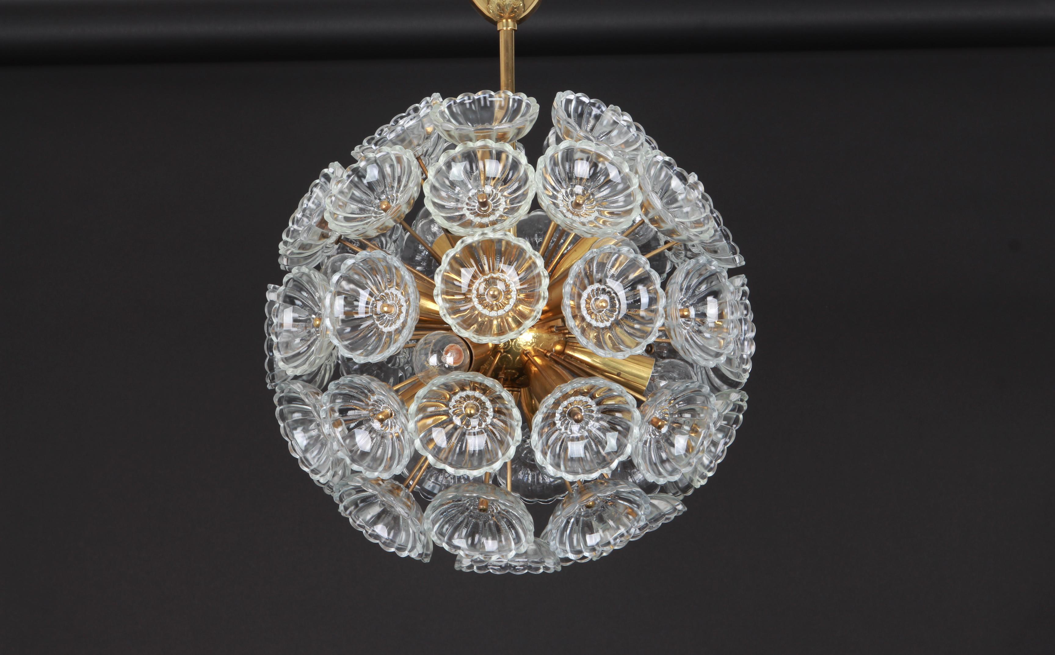 1 of 2 Stunning Floral Glass and Brass Sputnik Chandeliers, Germany, 1960s 5