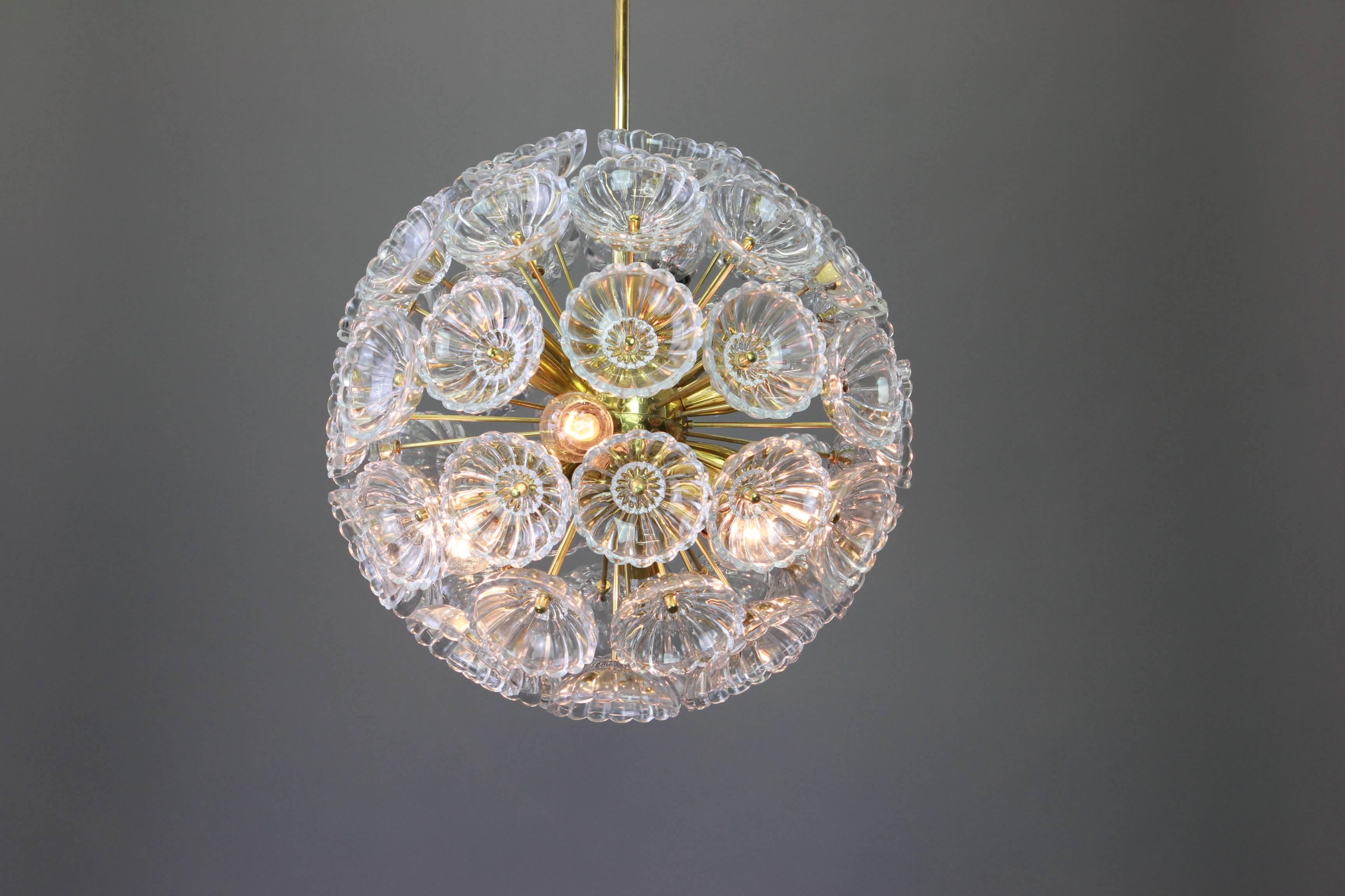 Mid-Century Modern 1 of 2 Stunning Floral Glass and Brass Sputnik Chandeliers, Germany, 1960s For Sale
